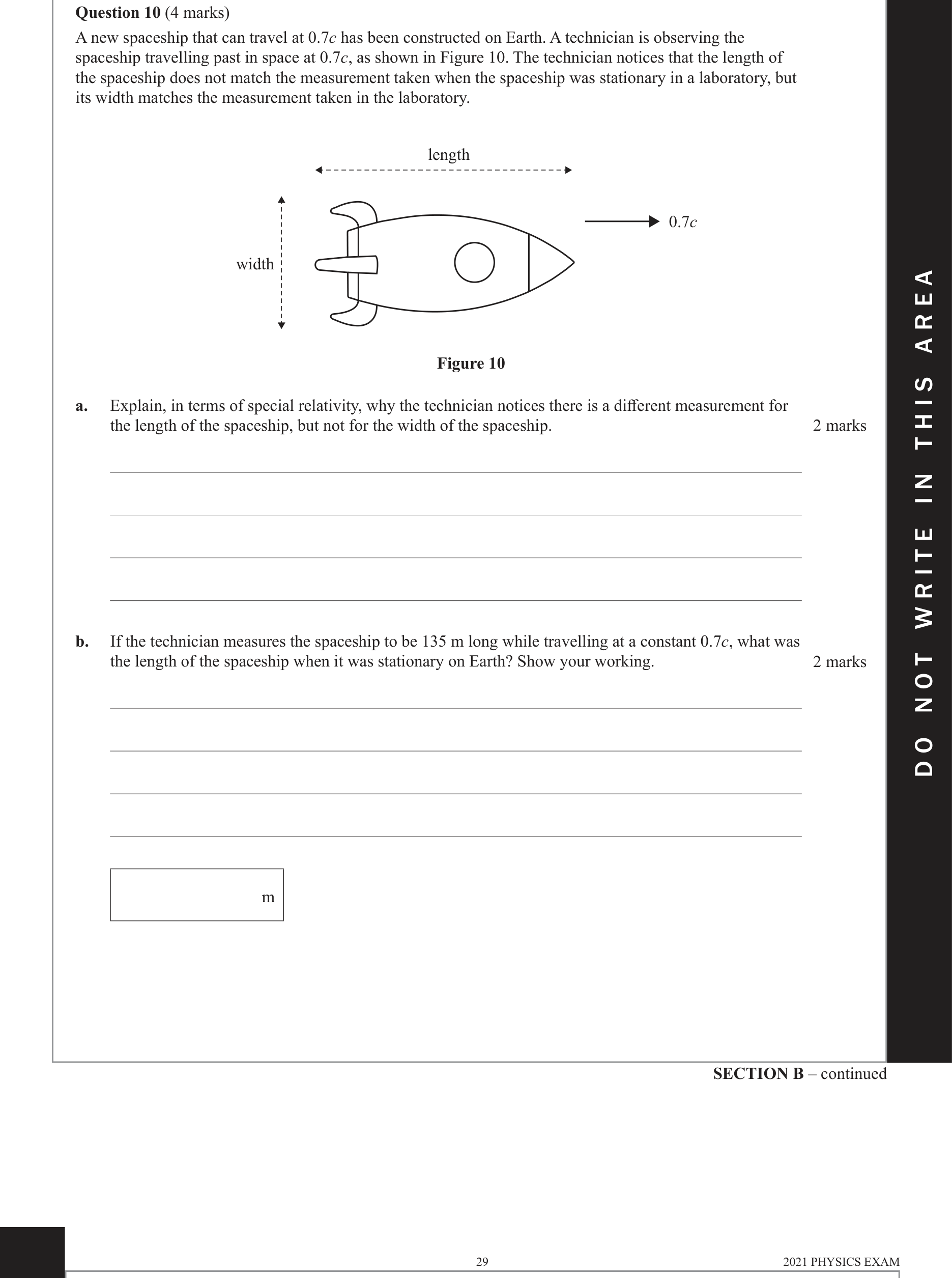 Physics 2021 Exam Question 10(a) — Length contraction formula, Special relativity postulates
