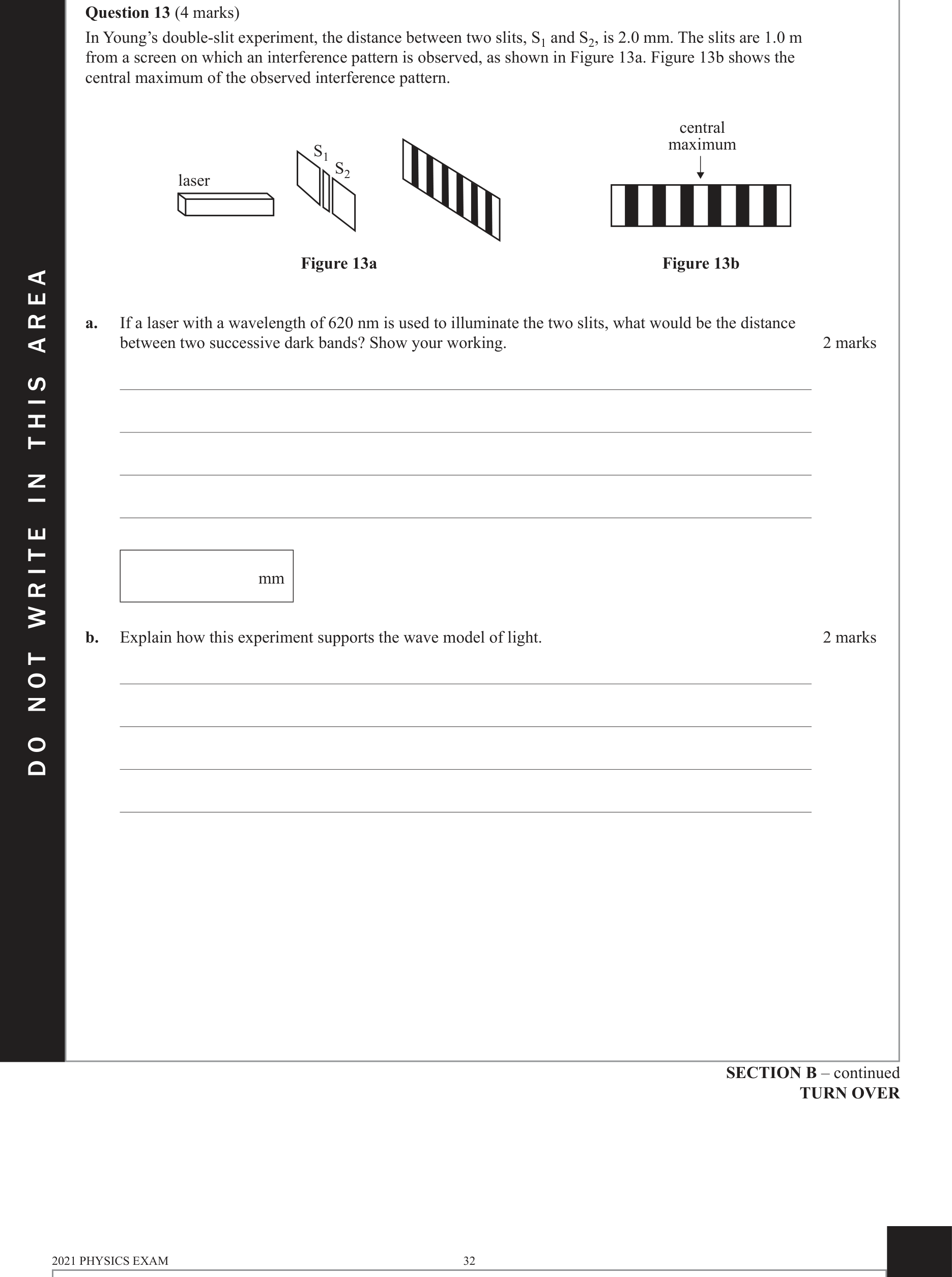 Physics 2021 Exam Question 13(b) — Double-slit interference pattern, Light as electromagnetic wave