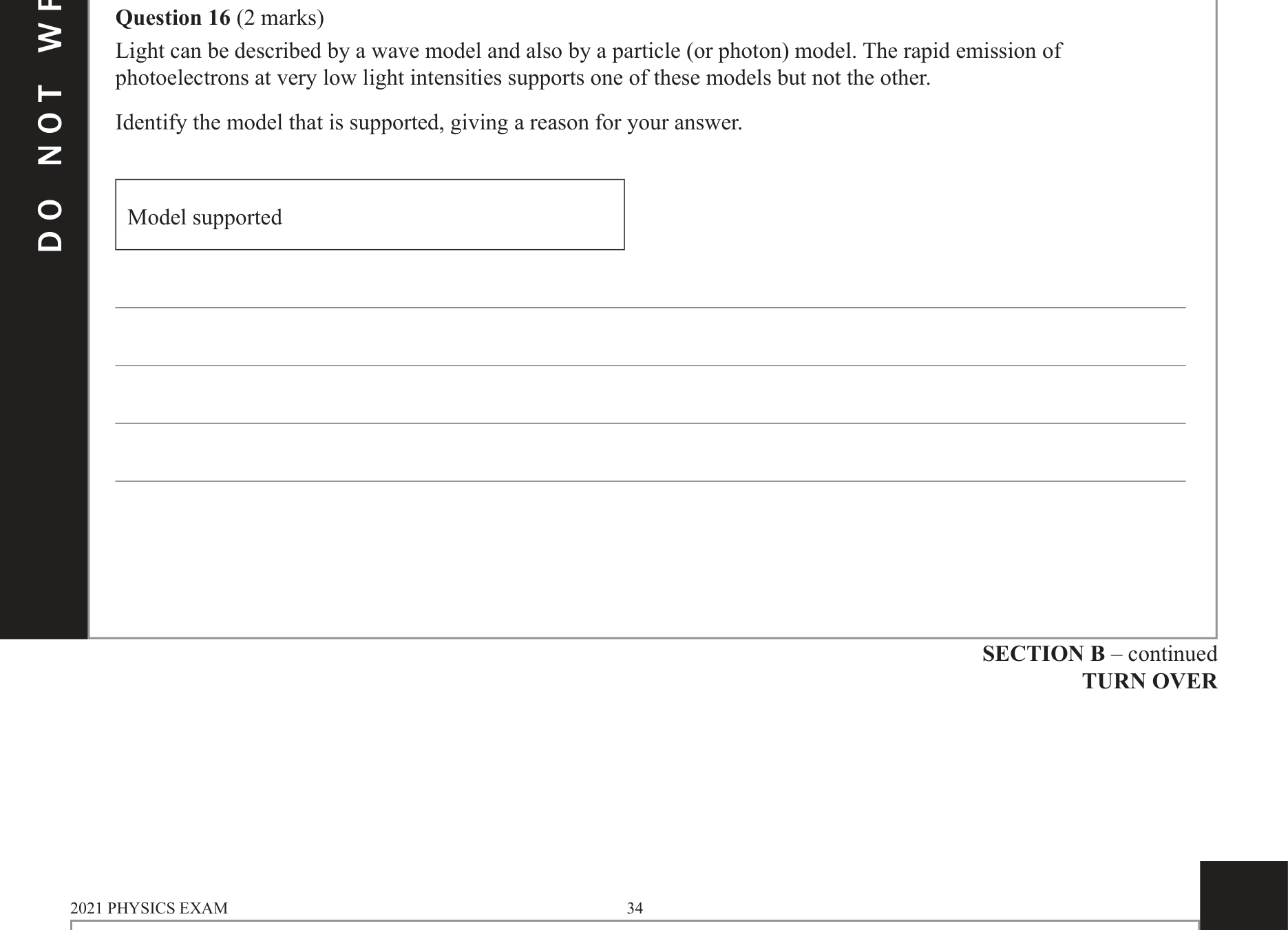 Physics 2021 Exam Question 16 — Photoelectric effect evidence, Wave model limitations