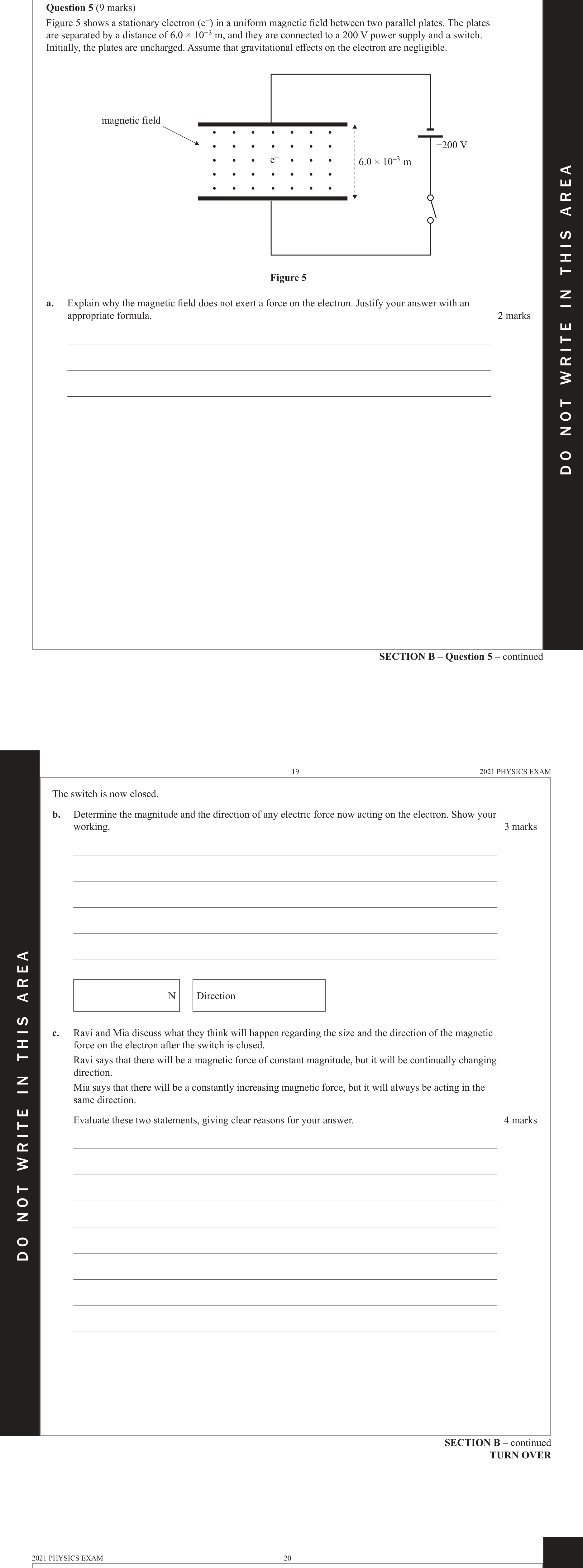 Physics 2021 Exam Question 5(b) — Electric field acceleration, Point mass/charge fields
