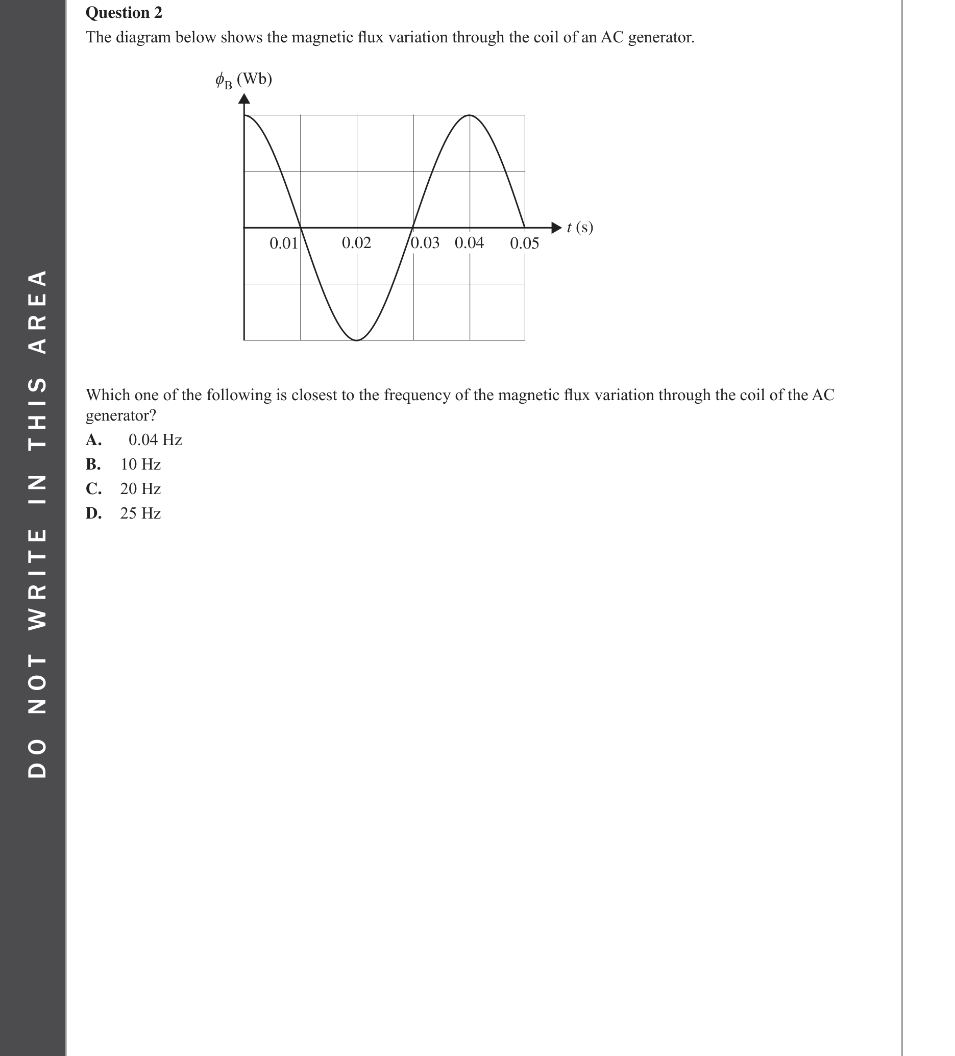 Physics 2022 Exam Question 2 — Fields in electricity generation, Magnetic flux calculation, AC waveform characteristics