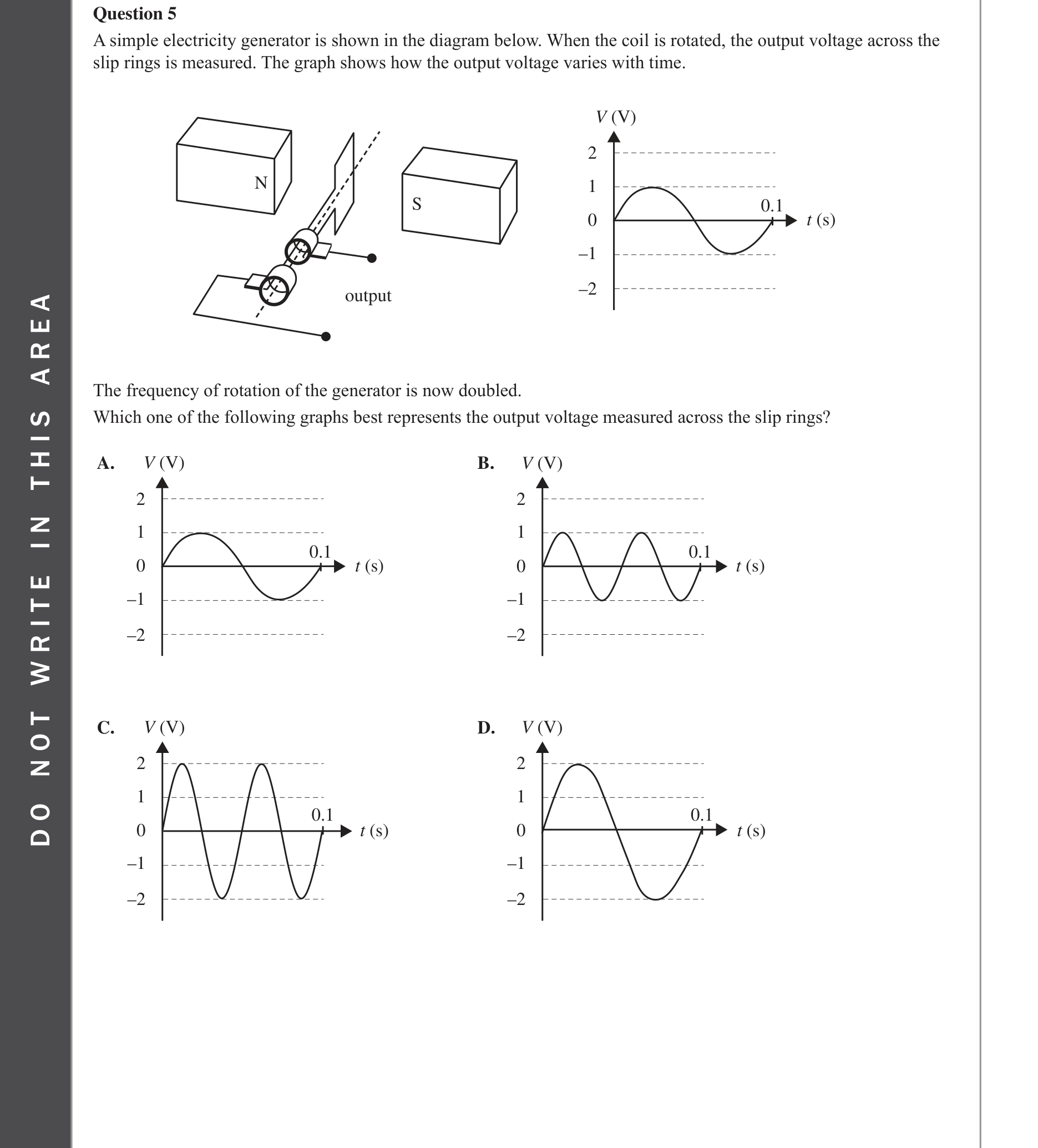 Physics 2022 Exam Question 5 — Fields in electricity generation, DC versus AC generators, AC waveform characteristics, Induced emf determinants