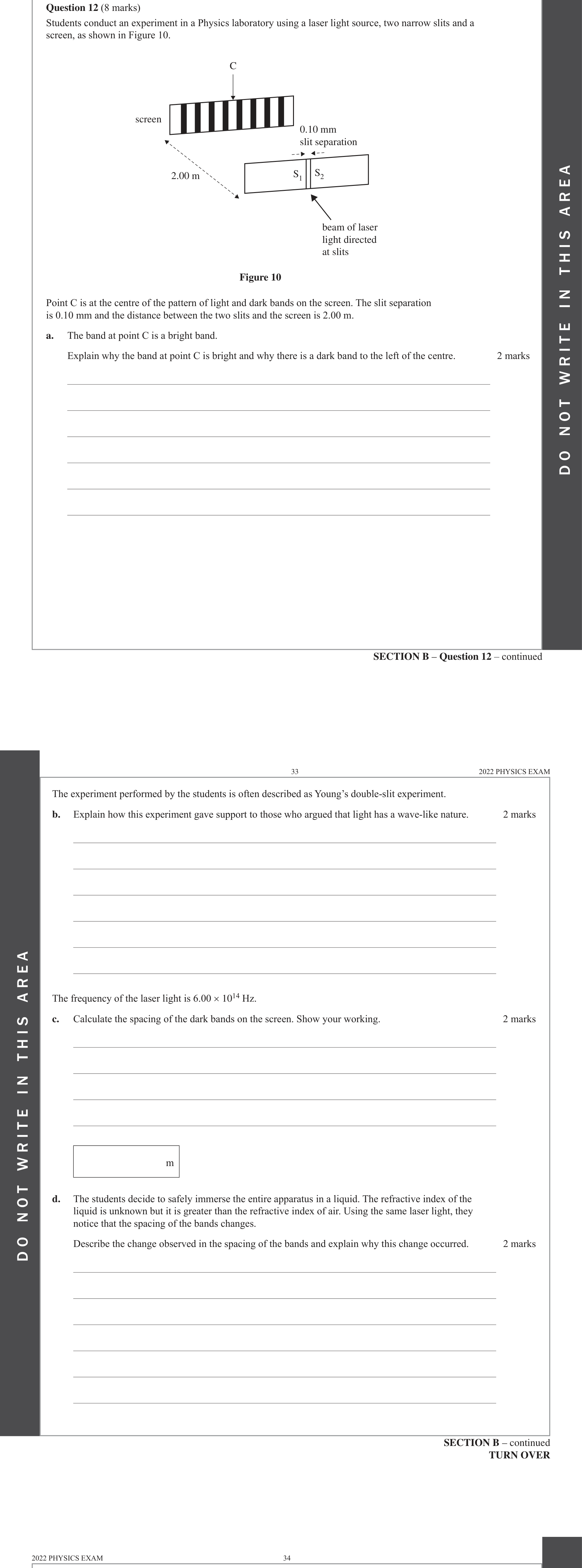 Physics 2022 Exam Question 12(c) — Double-slit interference pattern, Diffraction & aperture effects