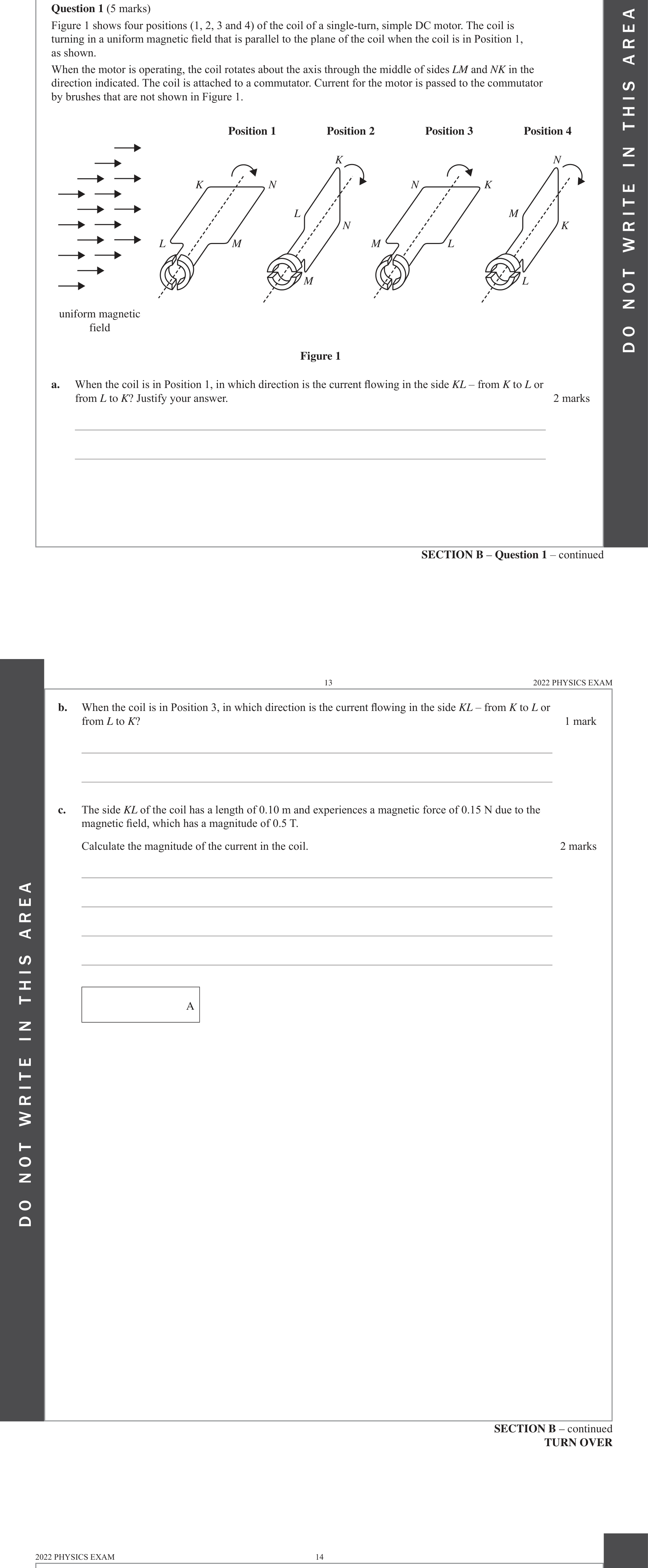 Physics 2022 Exam Question 1(a) — Motion without contact, DC motor operation, Motor torque factors, Force on current conductor