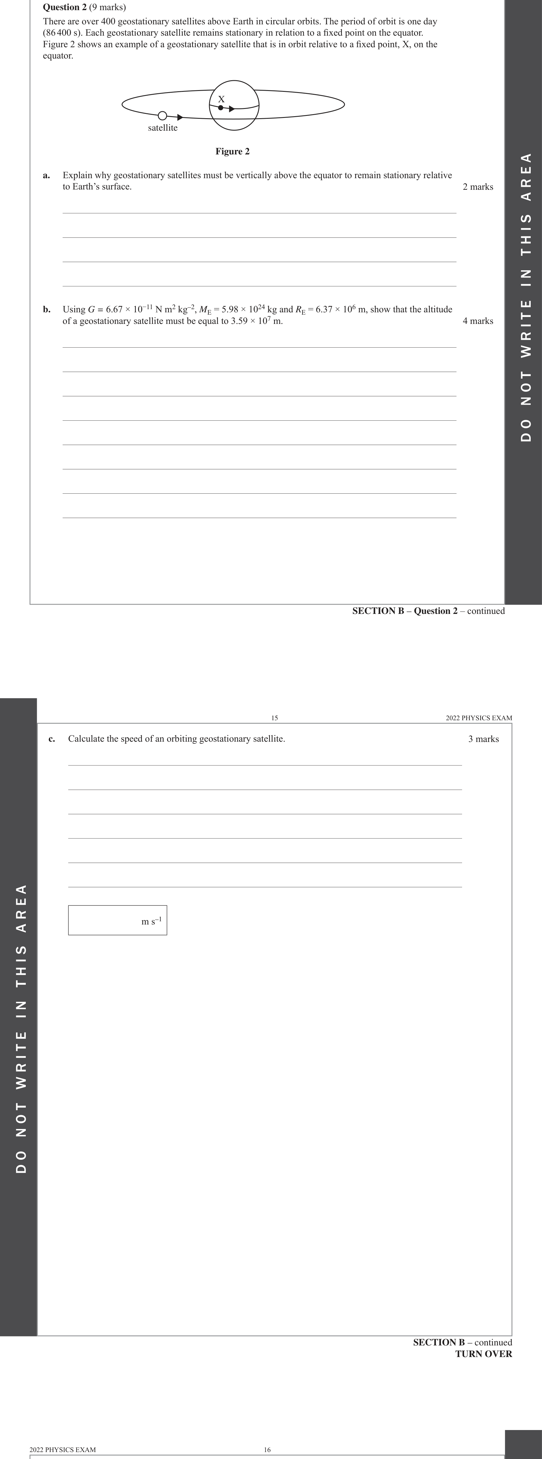 Physics 2022 Exam Question 2(c) — Motion without contact, Satellite orbital motion, Gravitational acceleration effects, Inverse-square field law