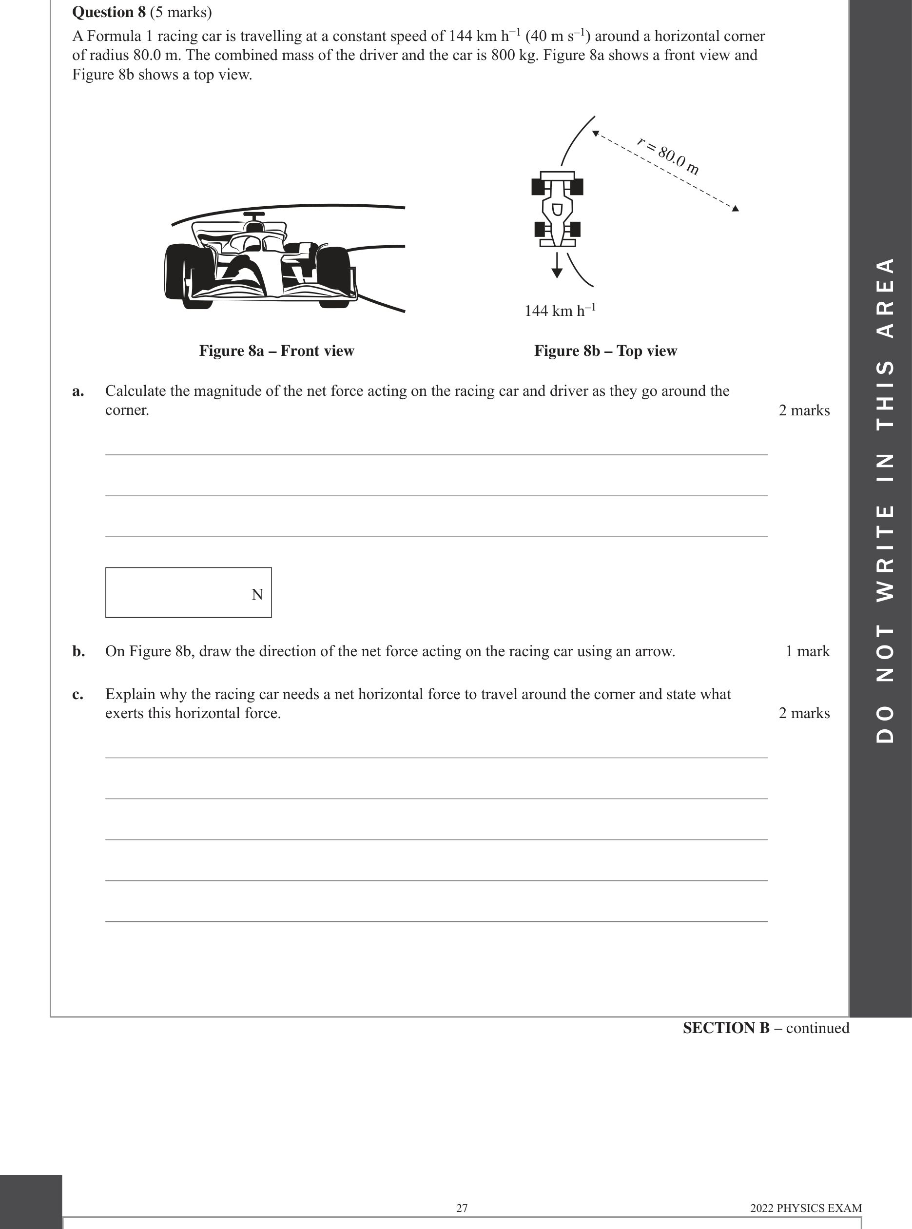Physics 2022 Exam Question 8(c) — Motion in 2D, Circular motion, Newtons laws applications