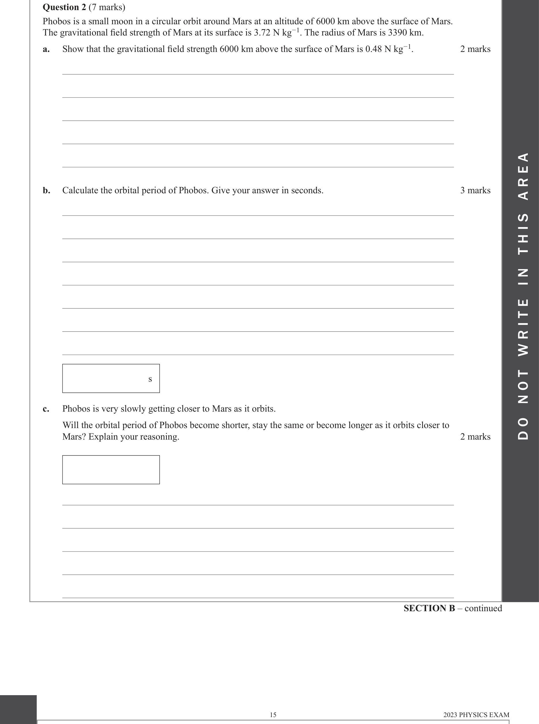 Physics 2023 Exam Question 2(c) — Motion without contact, Satellite orbital motion