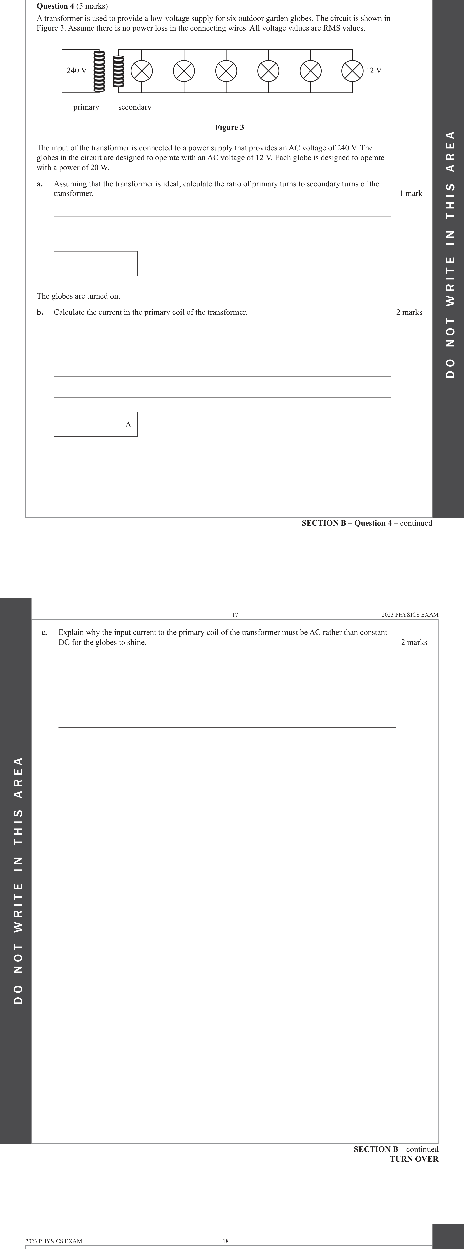 Physics 2023 Exam Question 4(c) — Fields in electricity generation, Transformer electromagnetic induction, AC waveform characteristics
