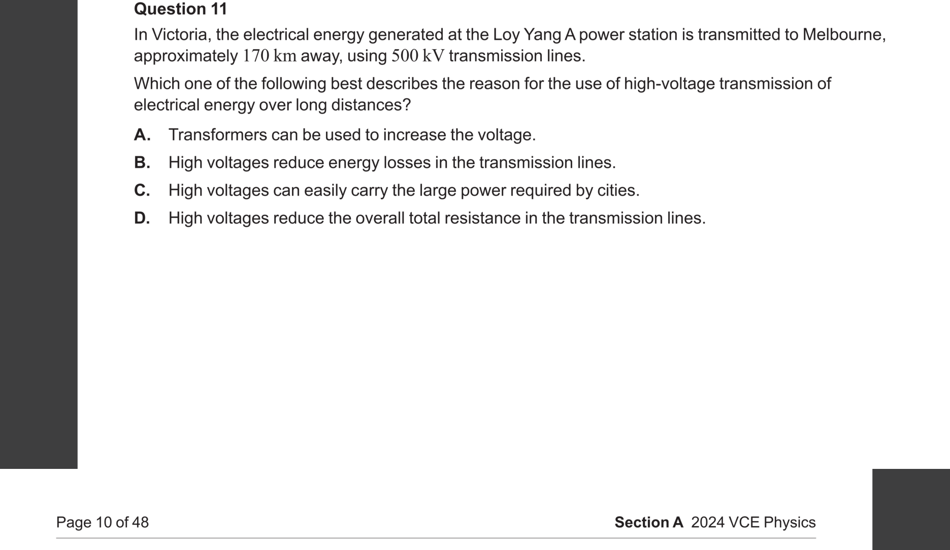 Physics 2024 Exam Question 11 — Transmission power losses