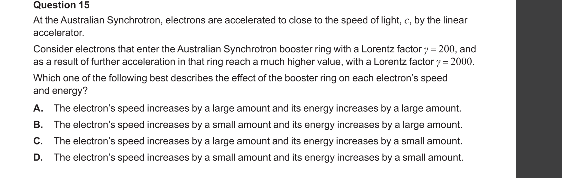 Physics 2024 Exam Question 15 — Constant vacuum light speed, Mass-energy equivalence
