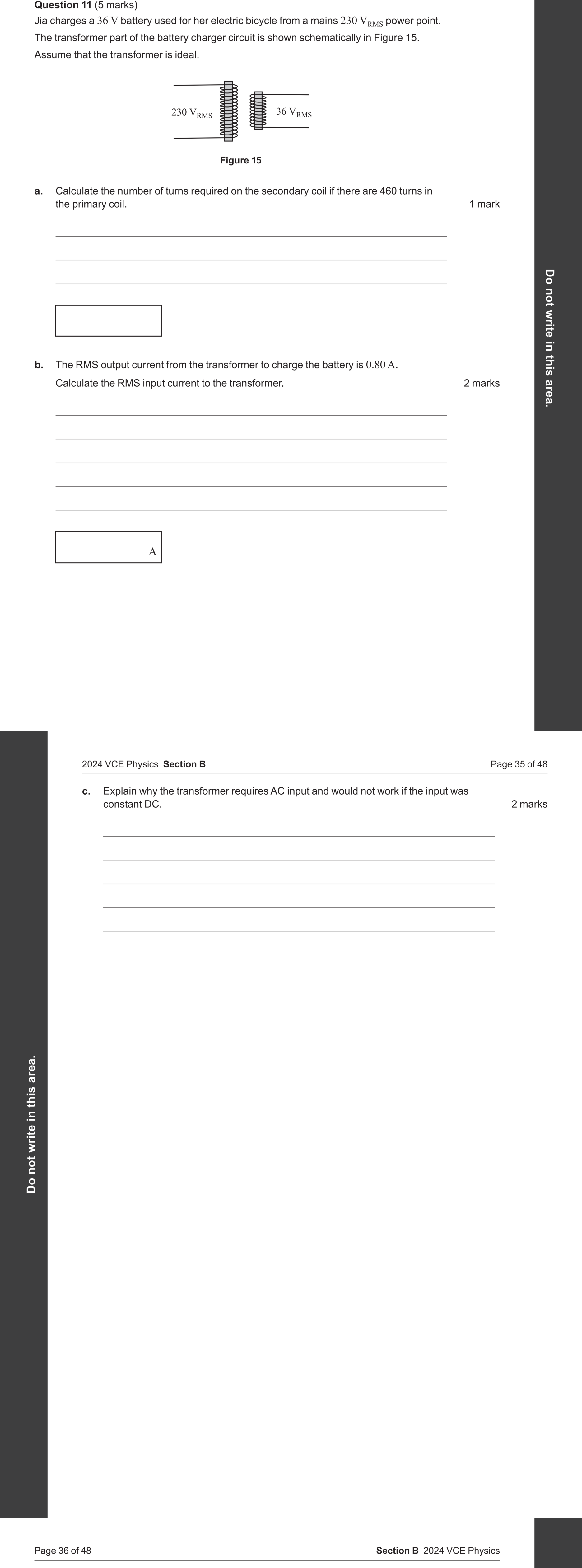 Physics 2024 Exam Question 11(a) — Transformer electromagnetic induction