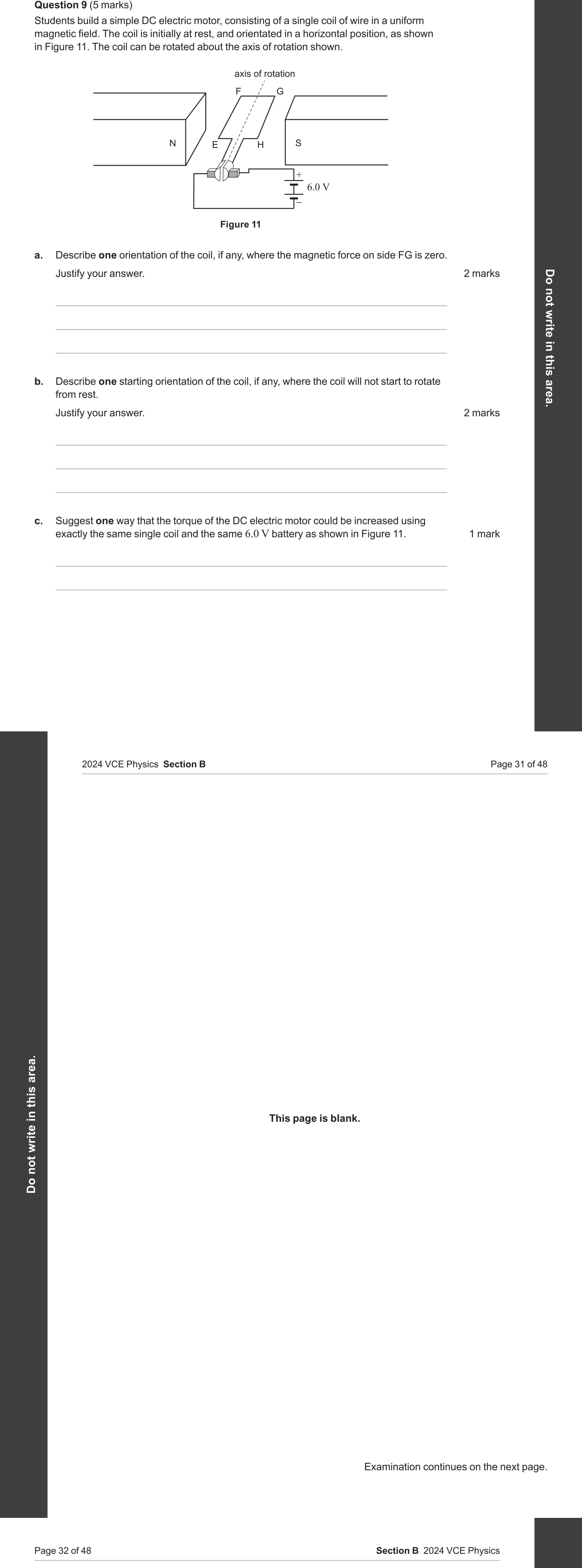 Physics 2024 Exam Question 9(a) — DC motor operation, Force on current conductor