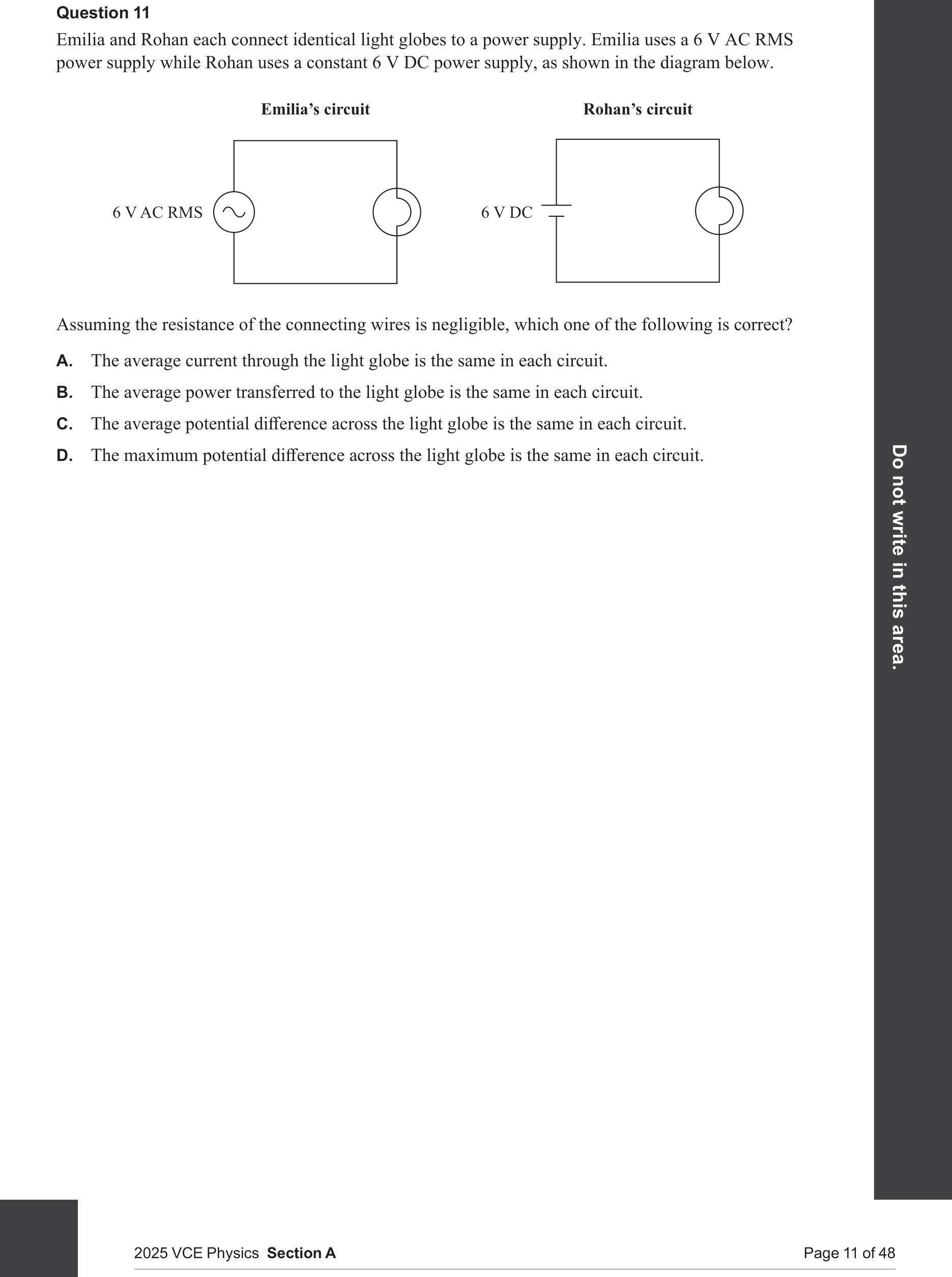 Physics 2025 Exam Question 11 — RMS-to-DC comparison, AC waveform characteristics