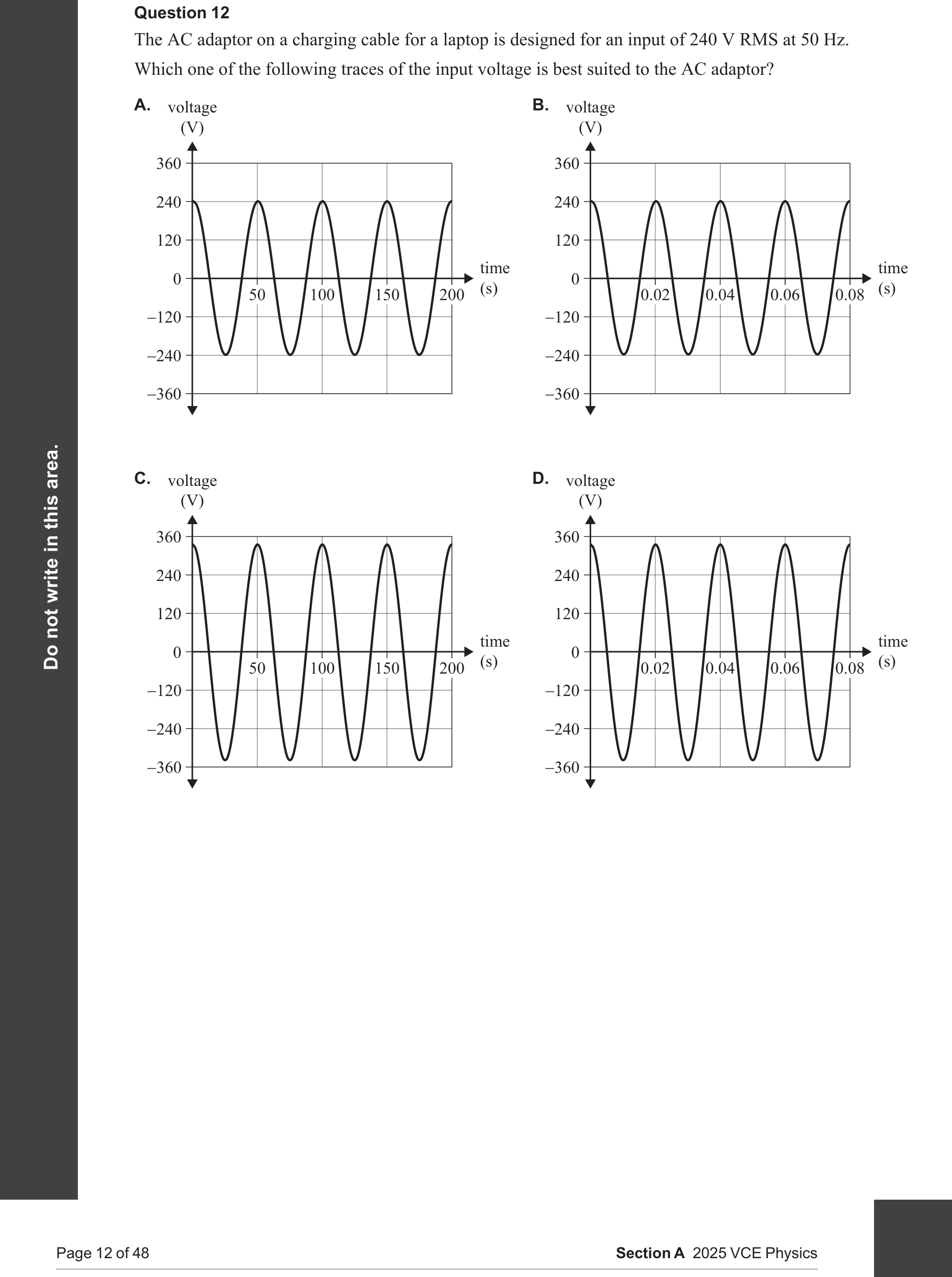 Physics 2025 Exam Question 12 — AC waveform characteristics