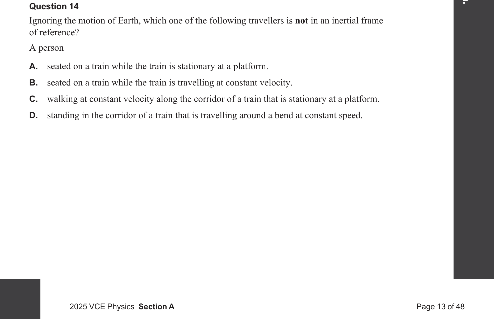 Physics 2025 Exam Question 14 — Constant vacuum light speed, Special relativity postulates