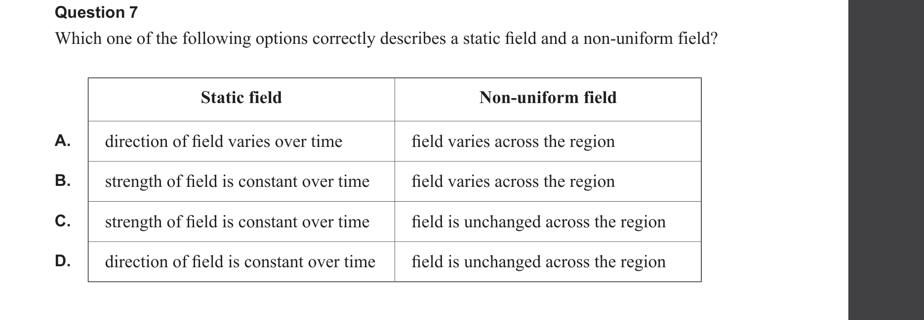 Physics 2025 Exam Question 7 — Field model fundamentals, Compare field characteristics