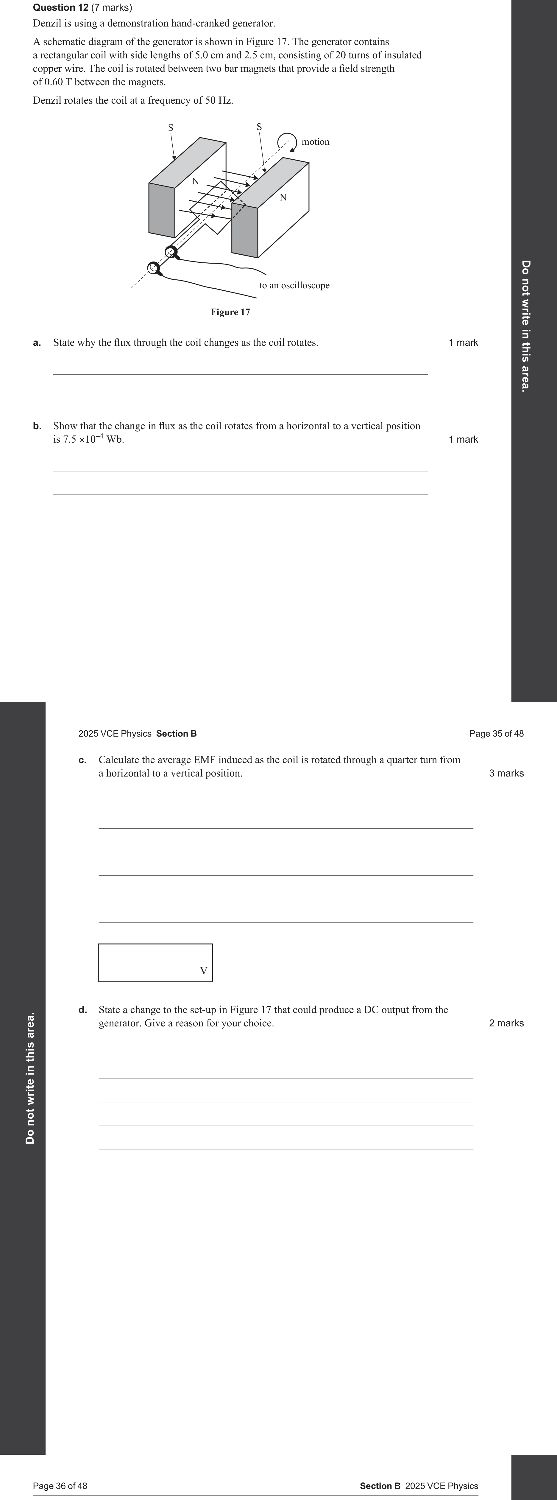Physics 2025 Exam Question 12(a) — Magnetic flux calculation, DC versus AC generators