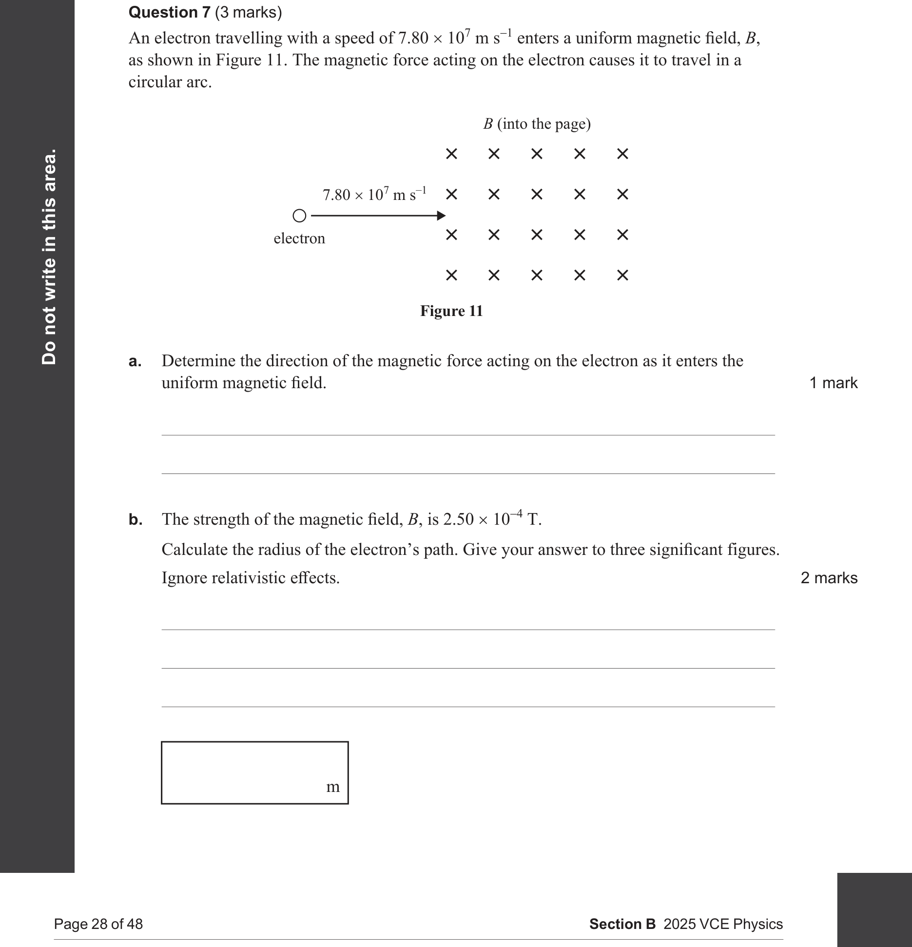 Physics 2025 Exam Question 7(a) — Magnetic particle deflection