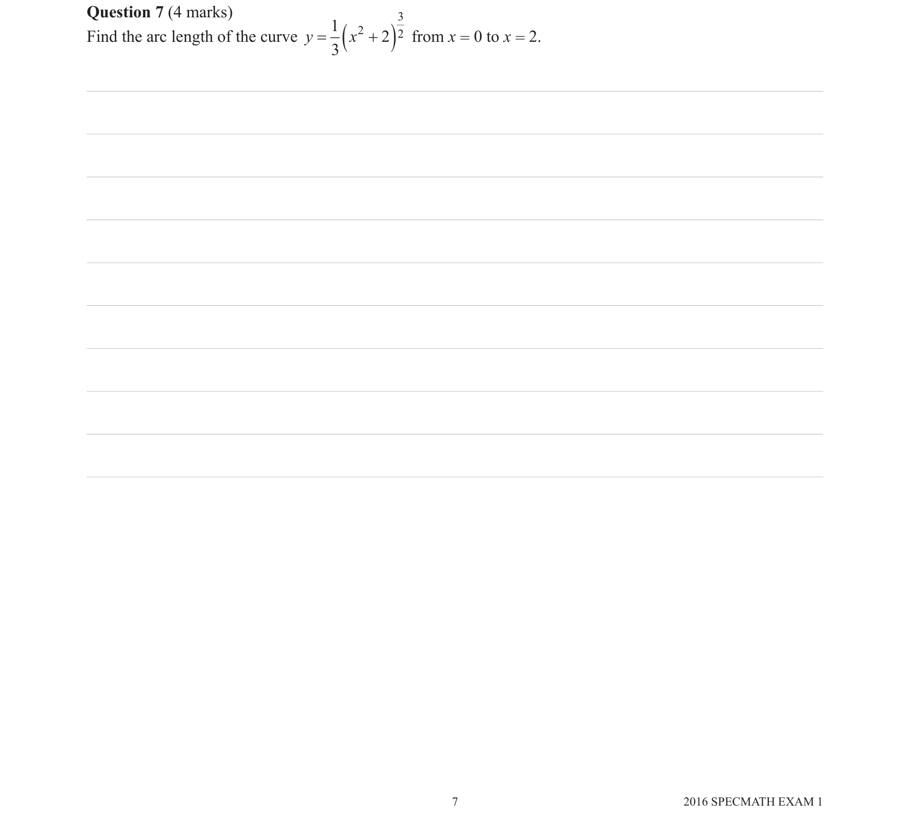 Specialist Mathematics 2016 Exam 1 Question 7 — Arc length of parametric curves