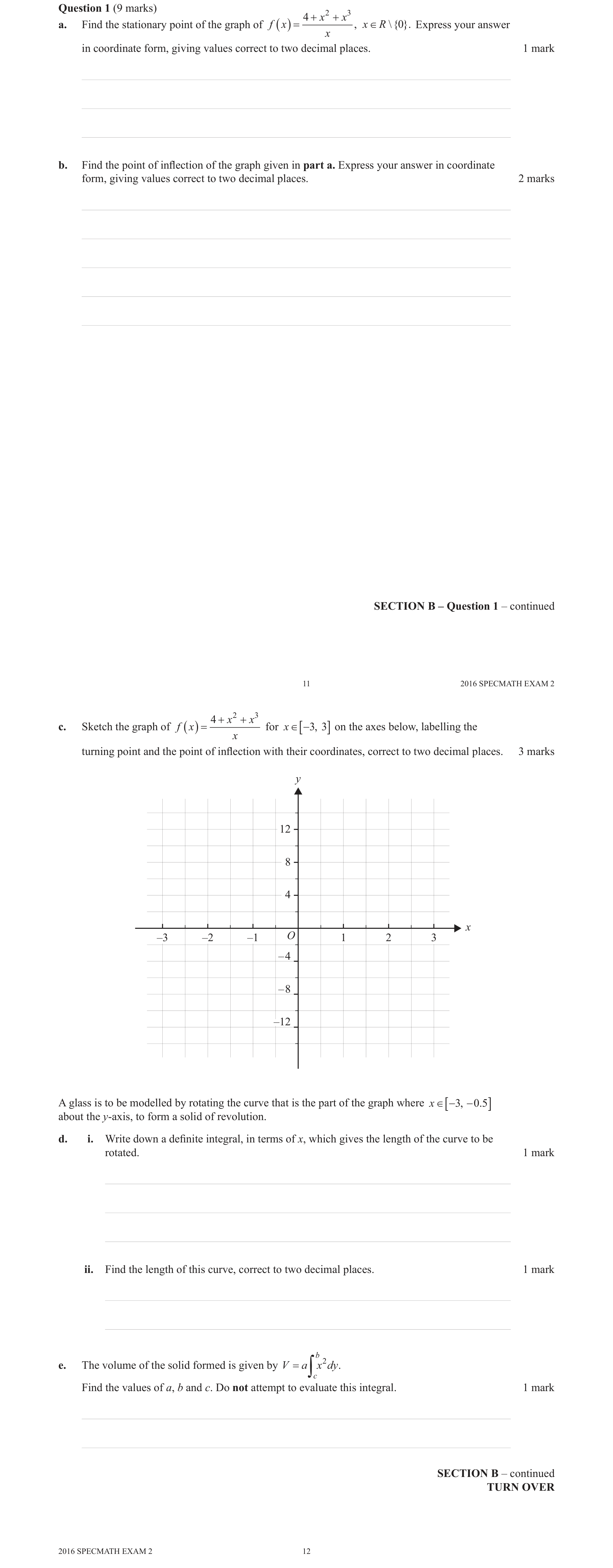 Specialist Mathematics 2016 Exam 2 Question 1(c) — Graphs of rational functions, Simple quotient functions graphs