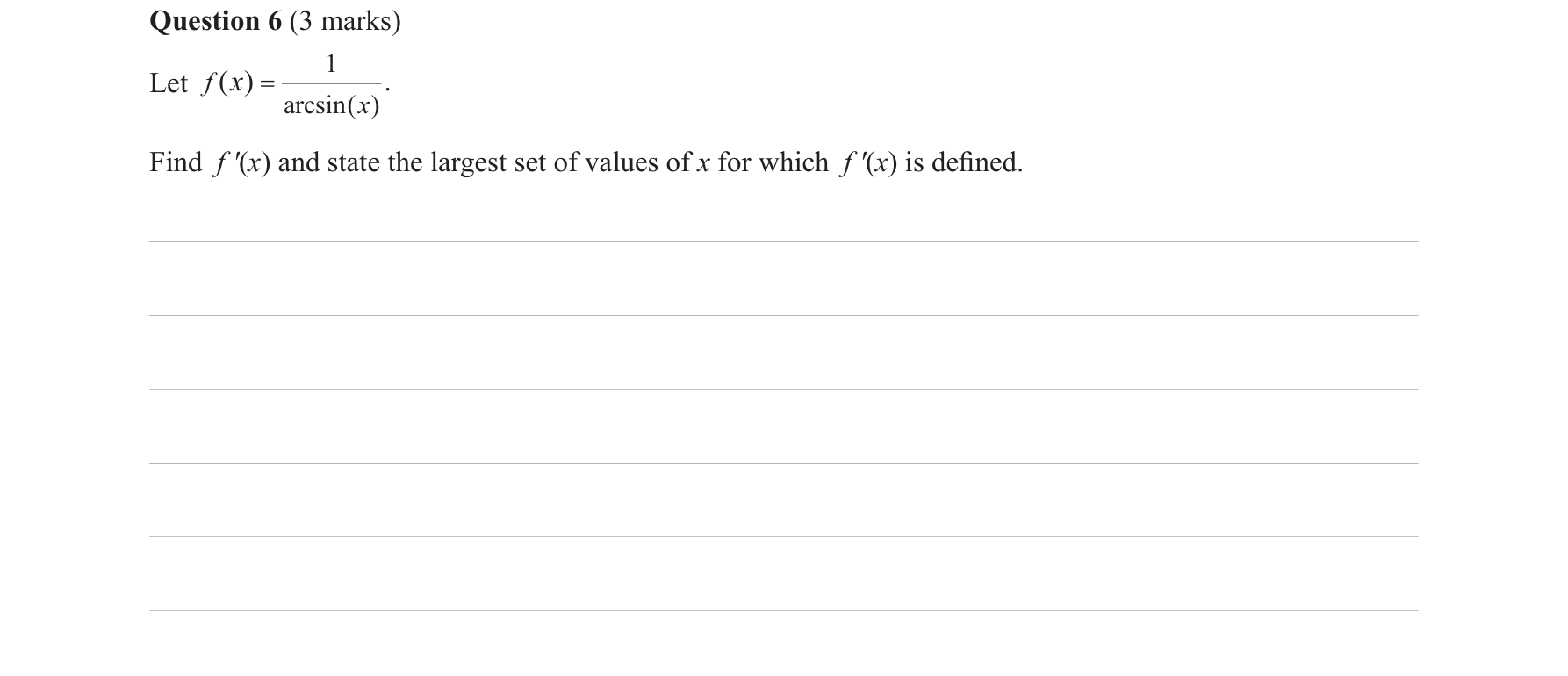 Specialist Mathematics 2017 Exam 1 Question 6 — Derivatives of inverse circular functions, Chain rule applications