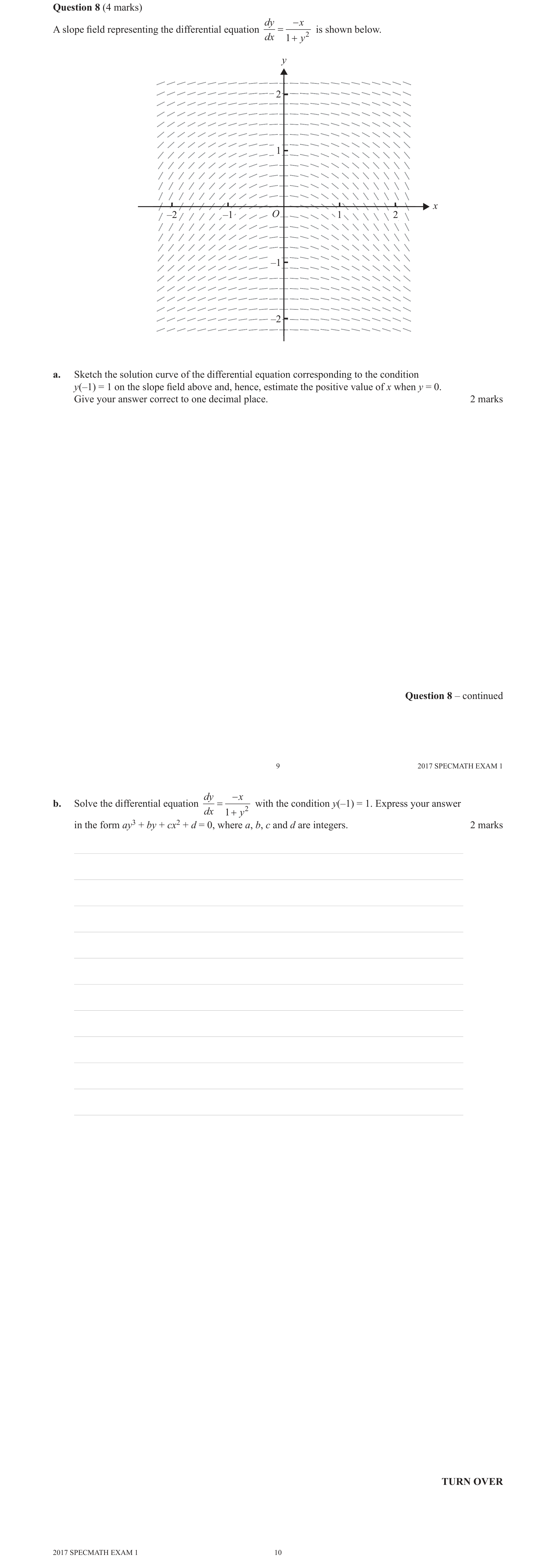 Specialist Mathematics 2017 Exam 1 Question 8(b) — Separation of variables