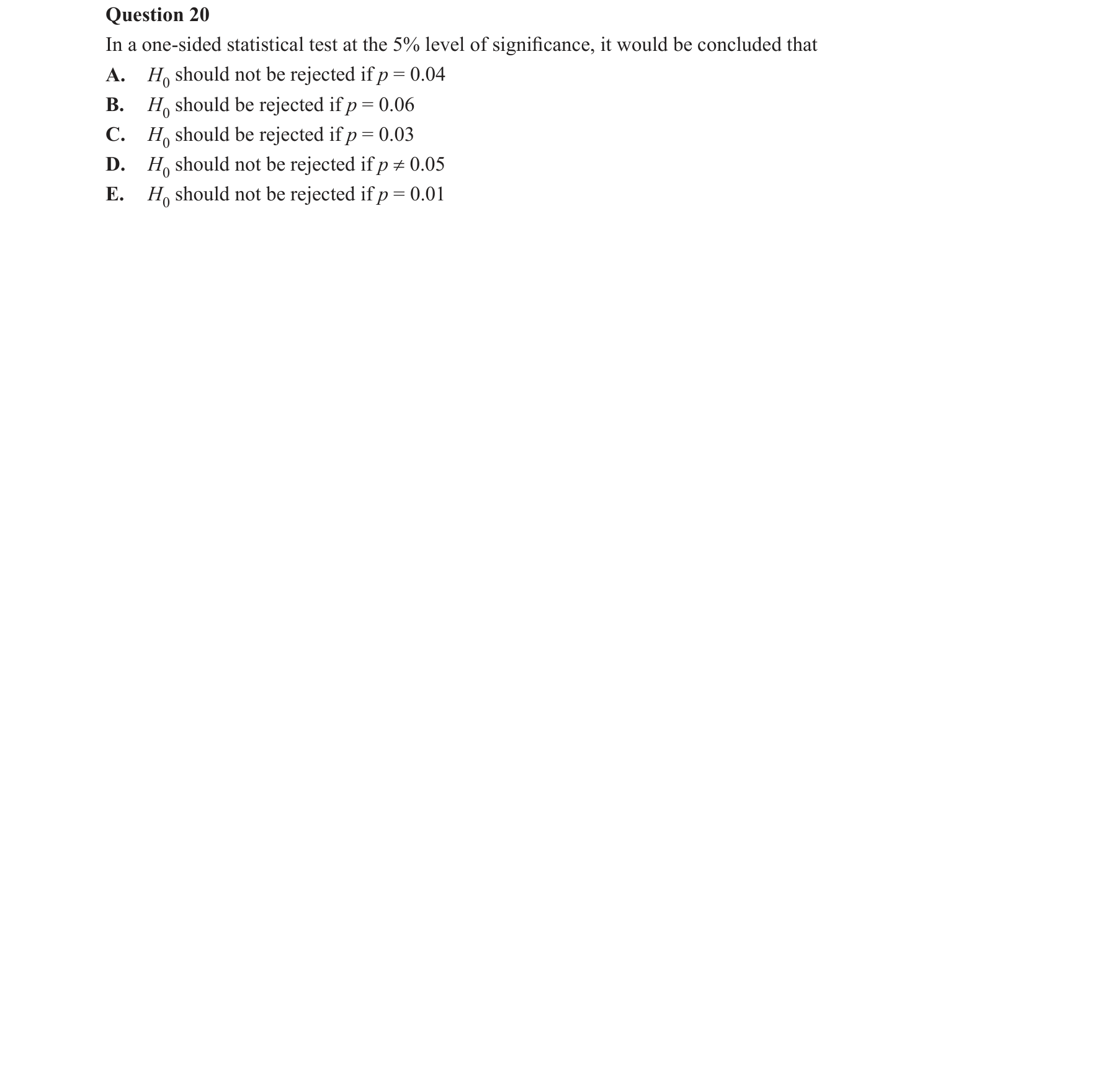 Specialist Mathematics 2017 Exam 2 Question 20 — Level of significance and p-value