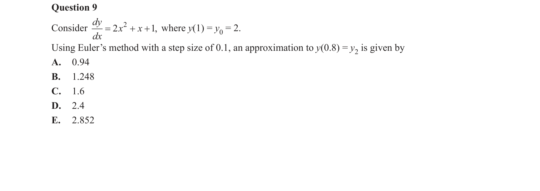 Specialist Mathematics 2017 Exam 2 Question 9 — Euler's method numerical solution
