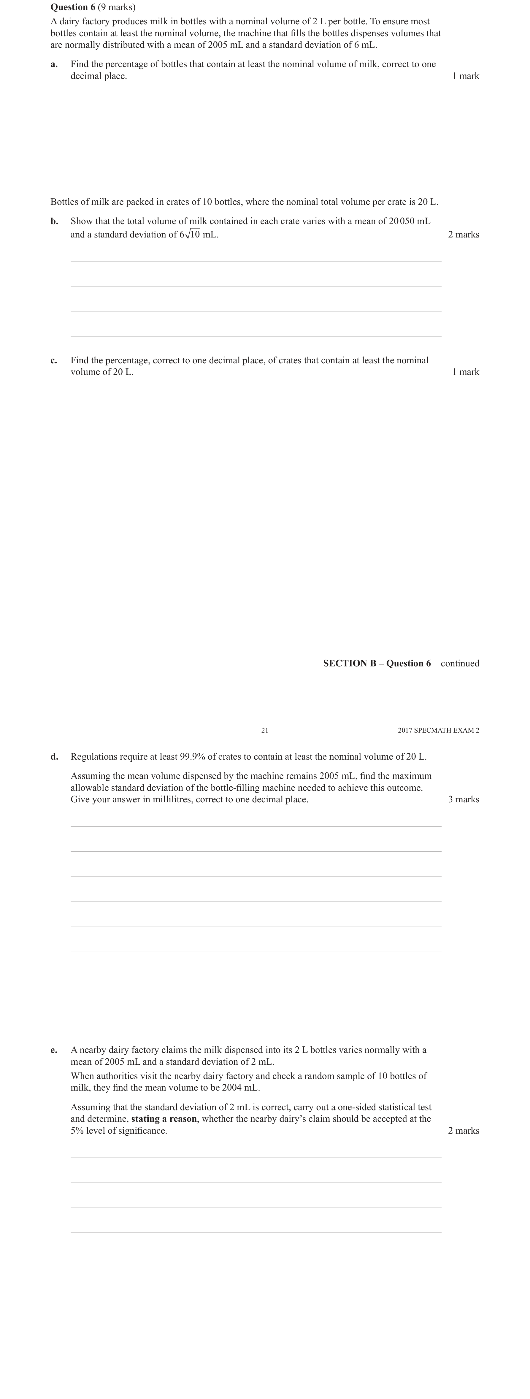 Specialist Mathematics 2017 Exam 2 Question 6(d) — Variance of linear combinations