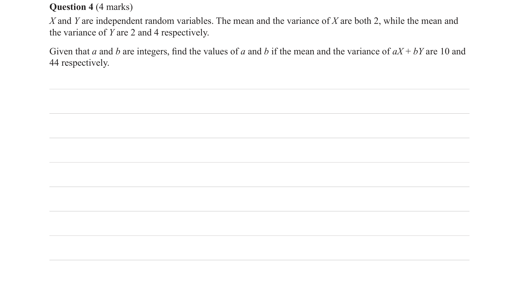 Specialist Mathematics 2018 Exam 1 Question 4 — Mean of sum of random variables, Variance of linear combinations
