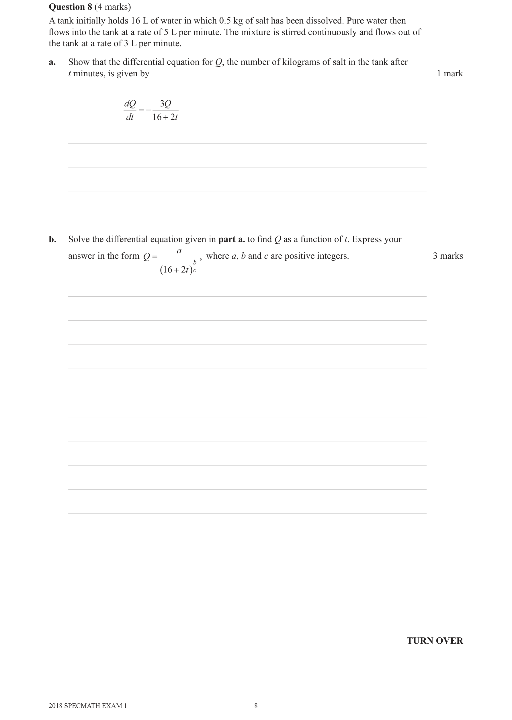 Specialist Mathematics 2018 Exam 1 Question 8(b) — Separation of variables