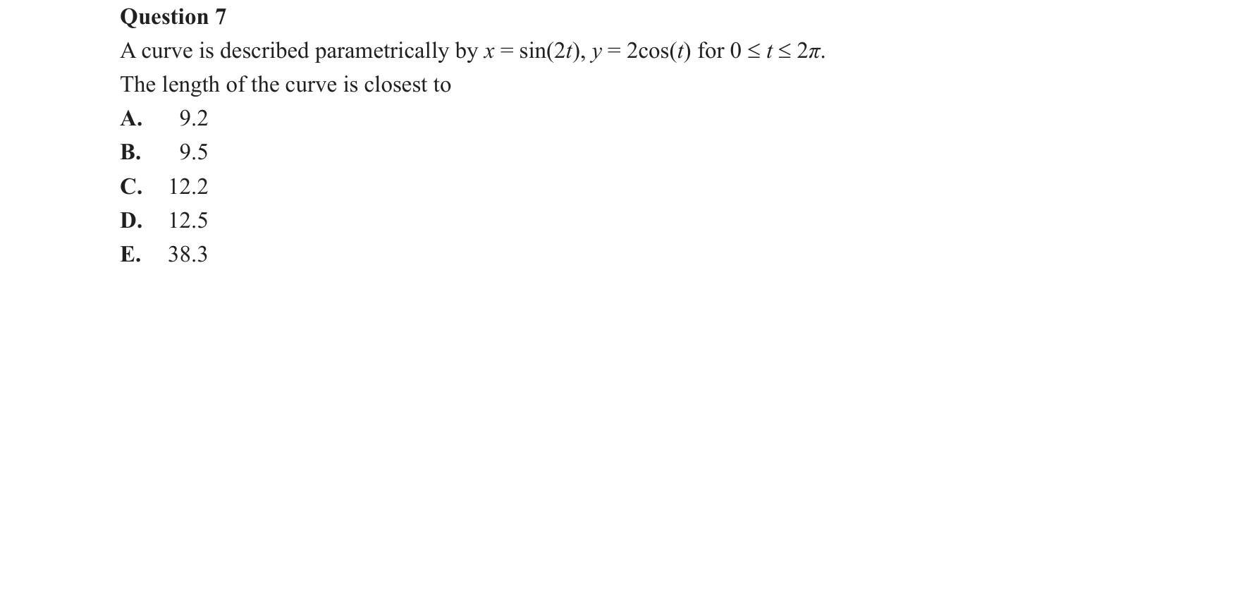 Specialist Mathematics 2018 Exam 2 Question 7 — Arc length of parametric curves