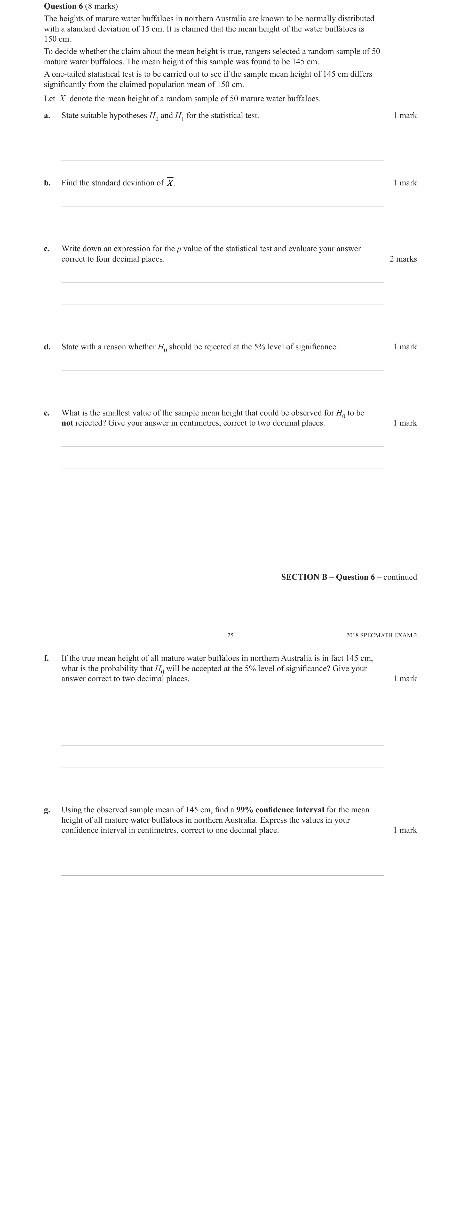 Specialist Mathematics 2018 Exam 2 Question 6(c) — Level of significance and p-value, Testing with known population variance