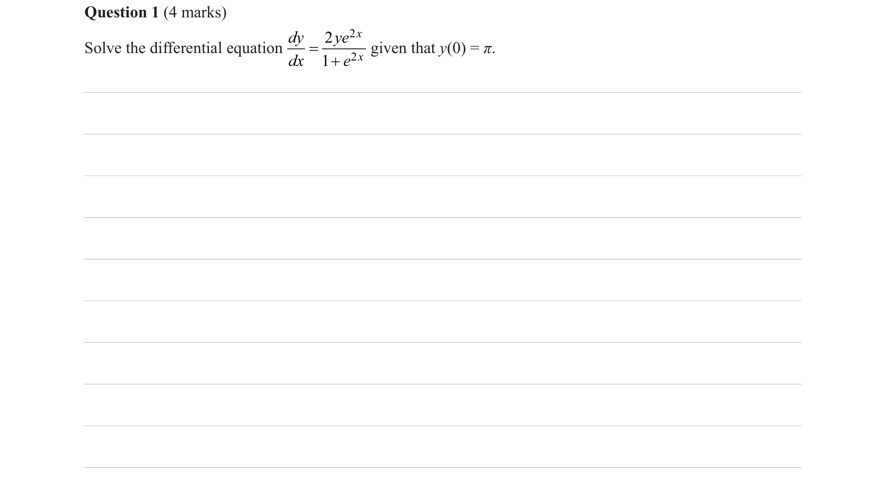 Specialist Mathematics 2019 Exam 1 Question 1 — Separation of variables, Antidifferentiation of 1/x to log form