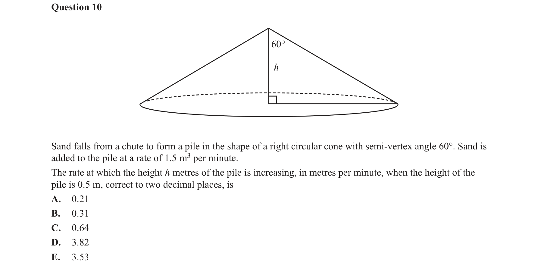 Specialist Mathematics 2019 Exam 2 Question 10 — Related rates of change