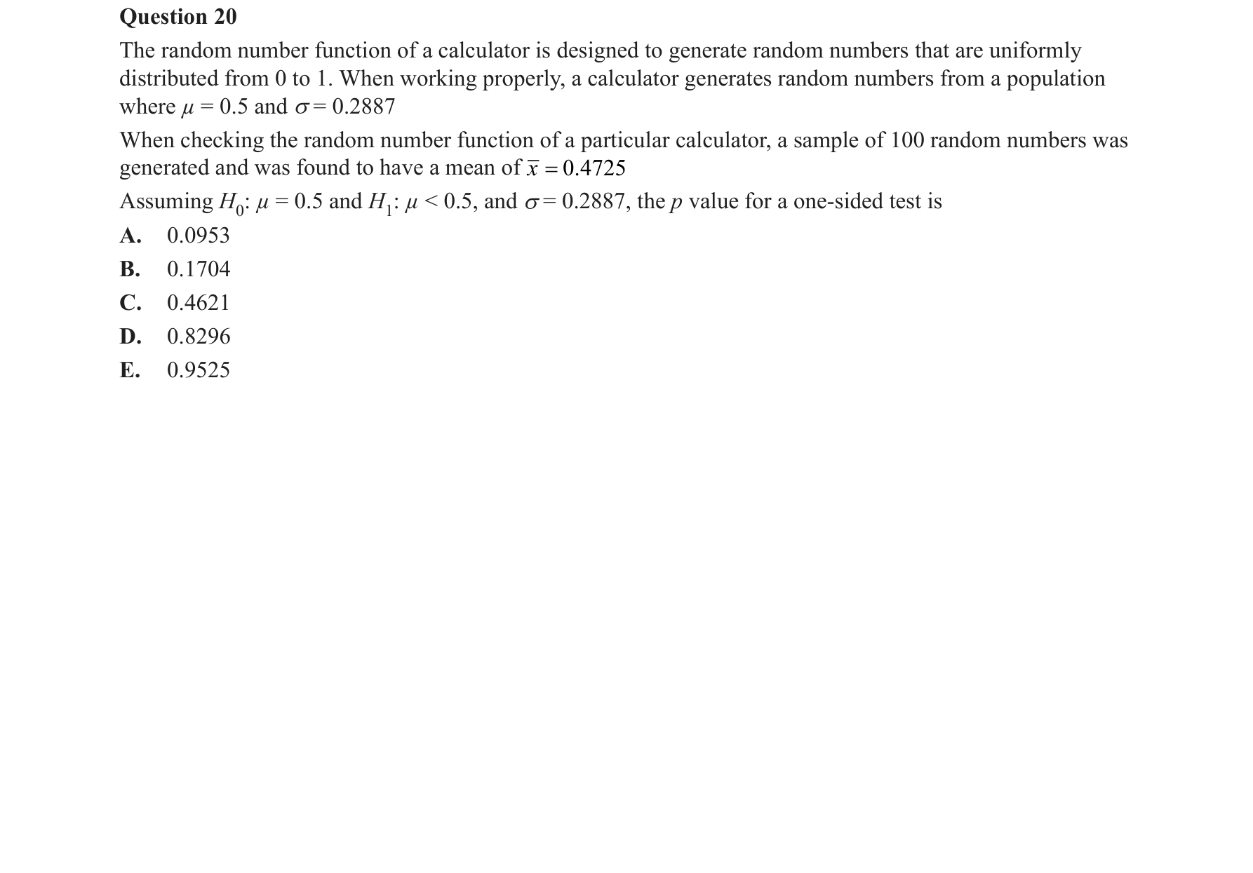 Specialist Mathematics 2019 Exam 2 Question 20 — Level of significance and p-value, Testing with known population variance