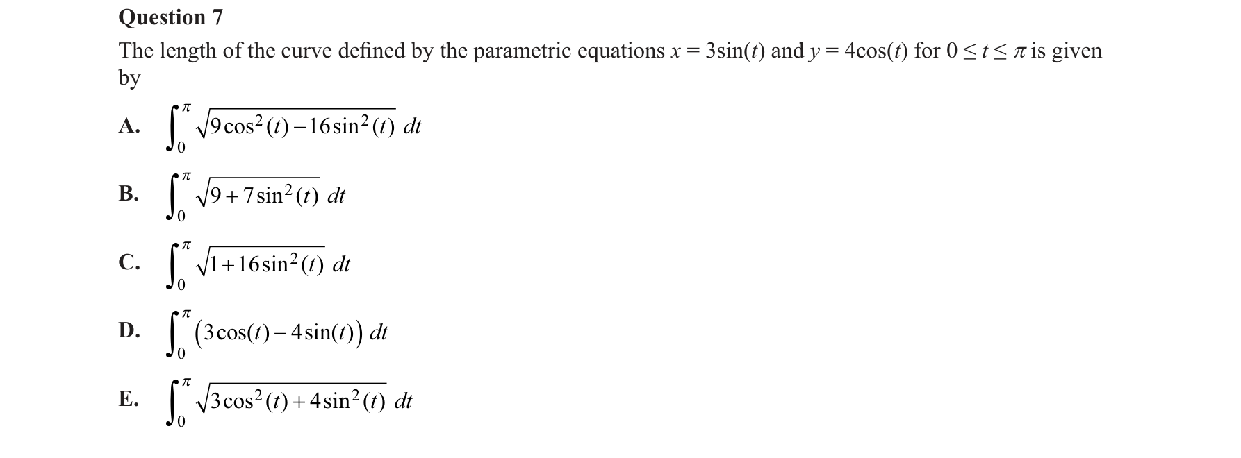 Specialist Mathematics 2019 Exam 2 Question 7 — Arc length of parametric curves