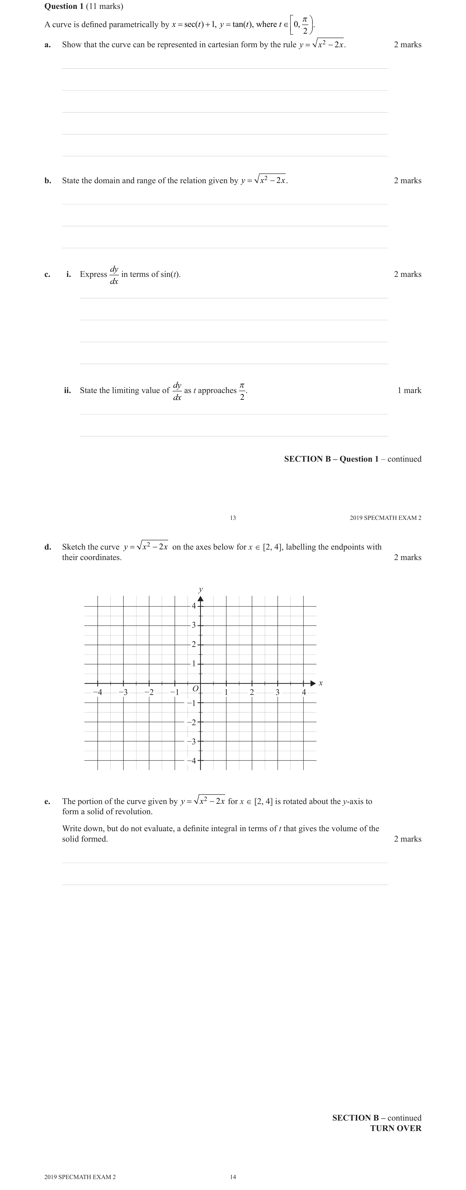 Specialist Mathematics 2019 Exam 2 Question 1(a) — Parametric equations of curves, Trigonometric identities in integration