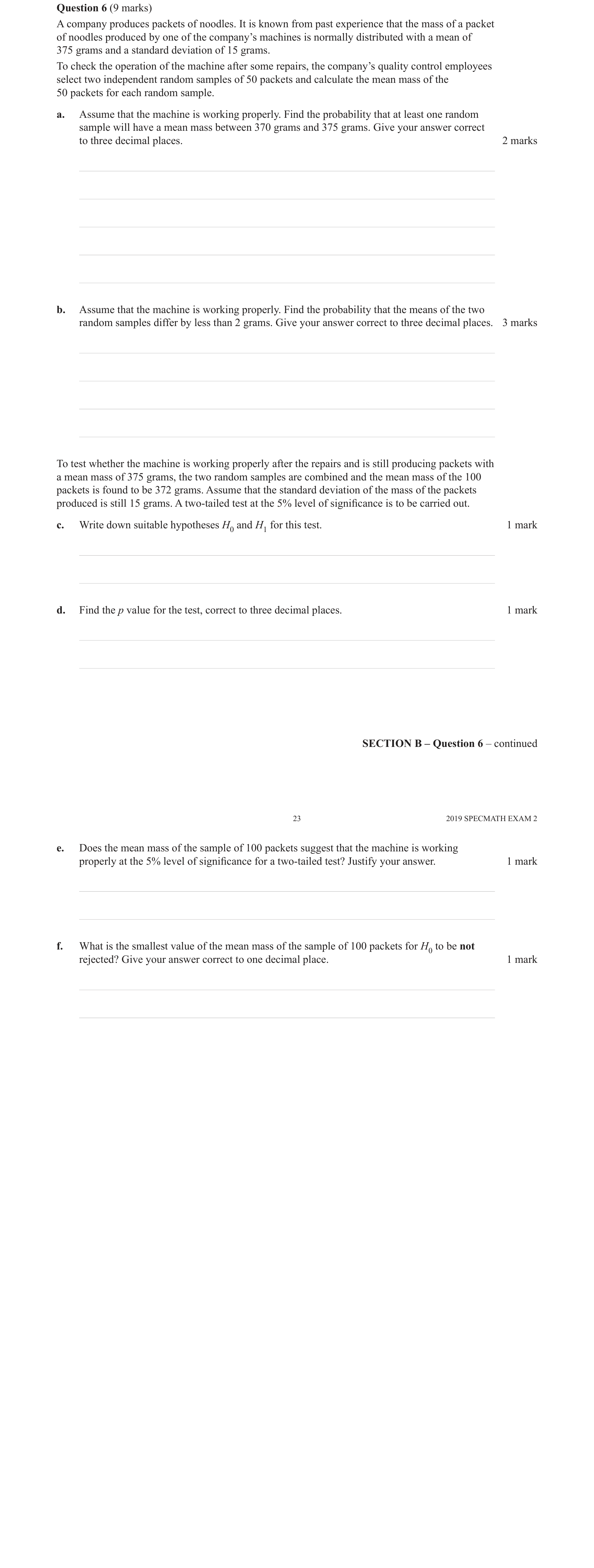 Specialist Mathematics 2019 Exam 2 Question 6(d) — Level of significance and p-value, Testing with known population variance