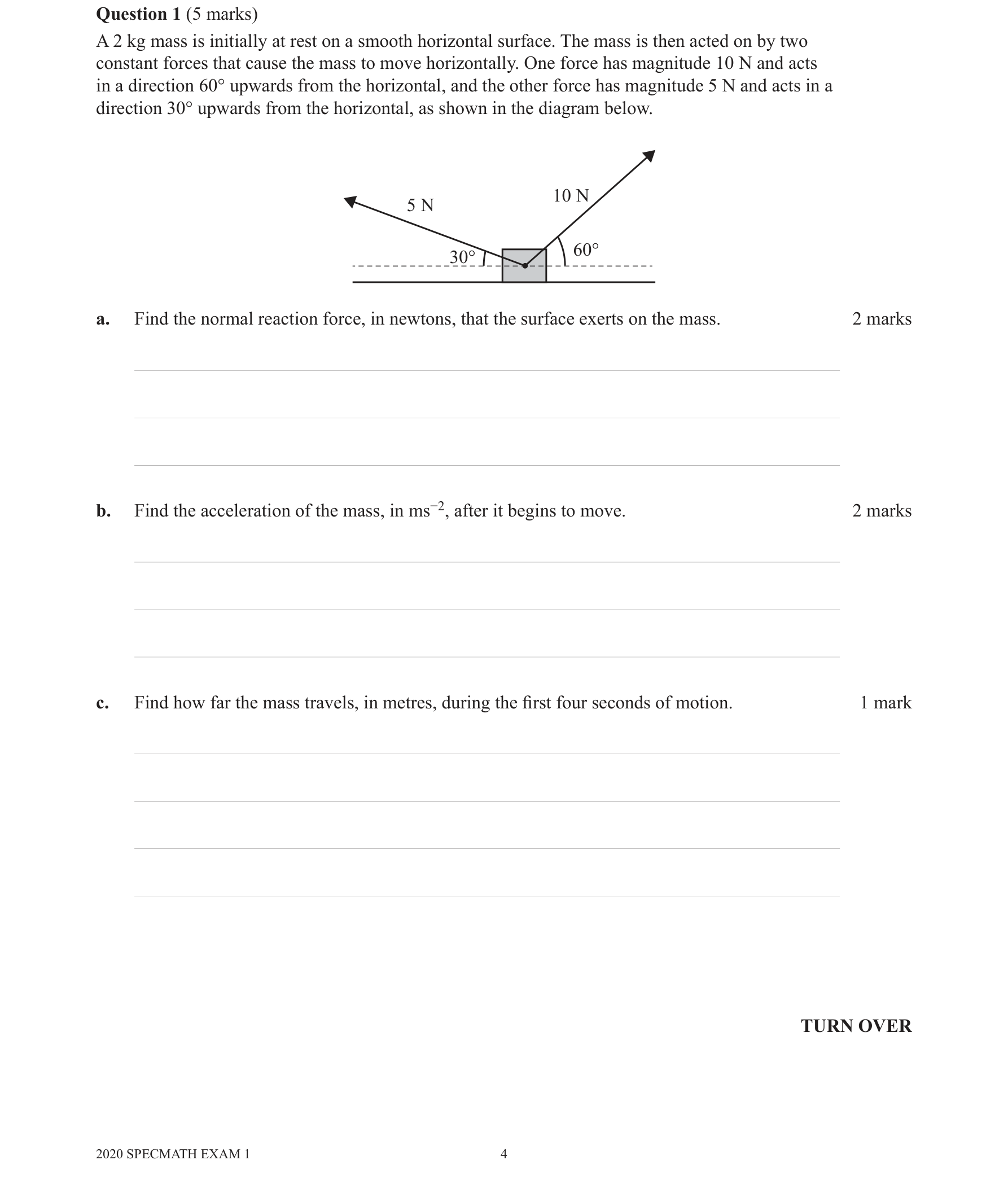 Specialist Mathematics 2020 Exam 1 Question 1(c) — Rectilinear motion using calculus
