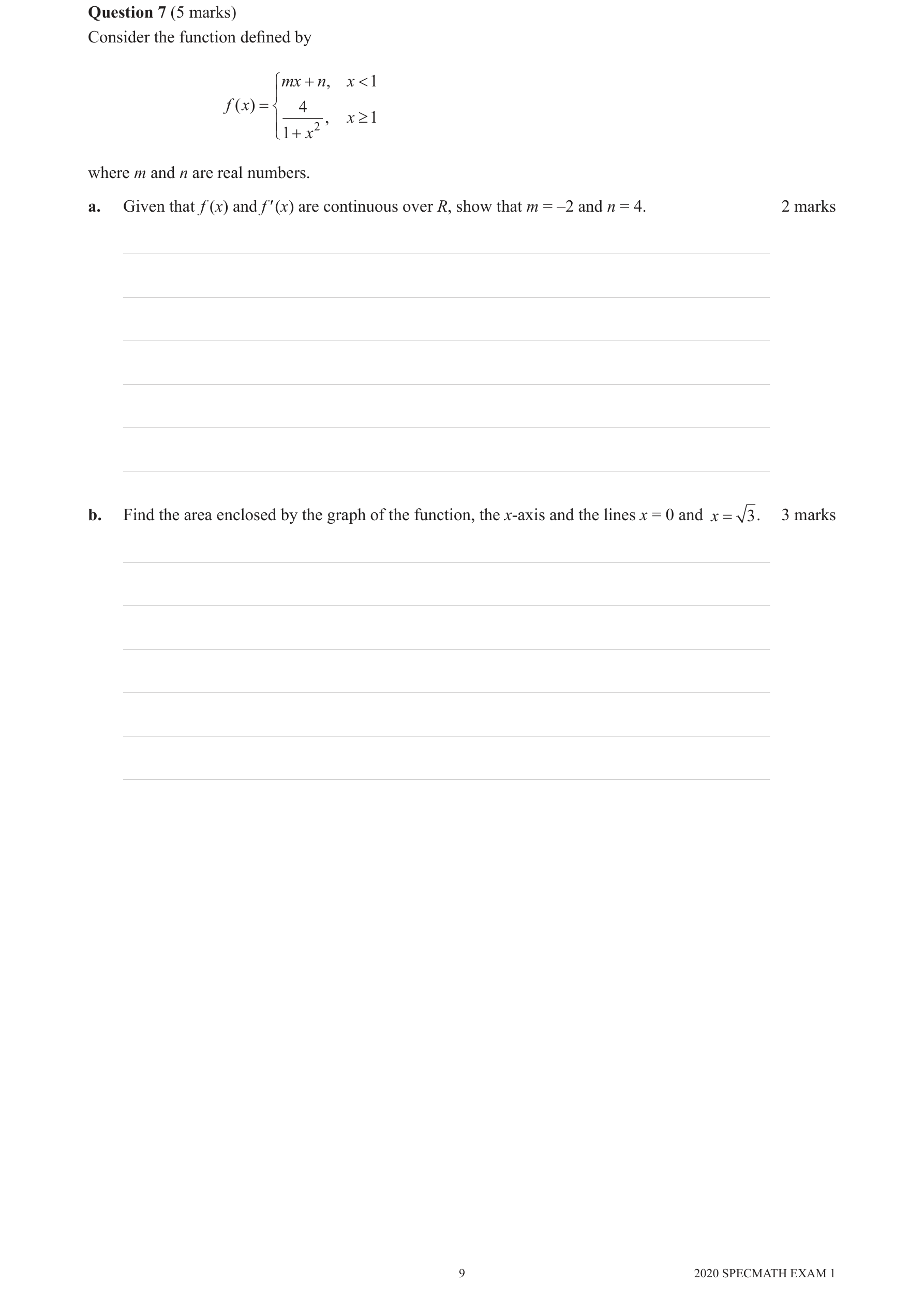 Specialist Mathematics 2020 Exam 1 Question 7(b) — Antiderivatives yielding inverse circular functions, Area between curves
