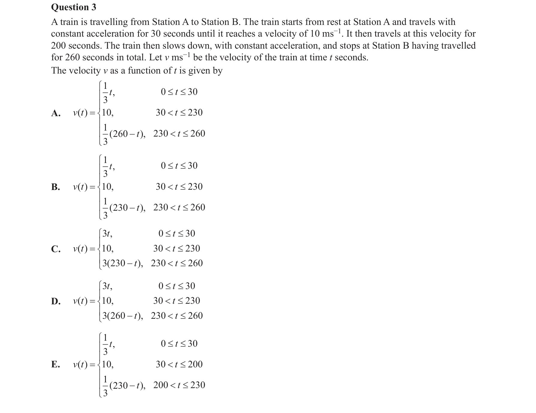 Specialist Mathematics 2020 Exam 2 Question 3 — Velocity-time graph analysis