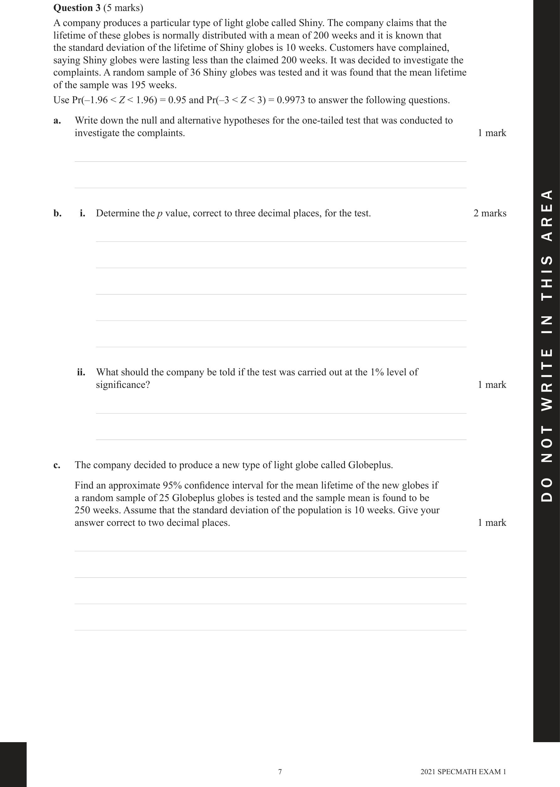 Specialist Mathematics 2021 Exam 1 Question 3(b)i — Test statistic formulation, Level of significance and p-value