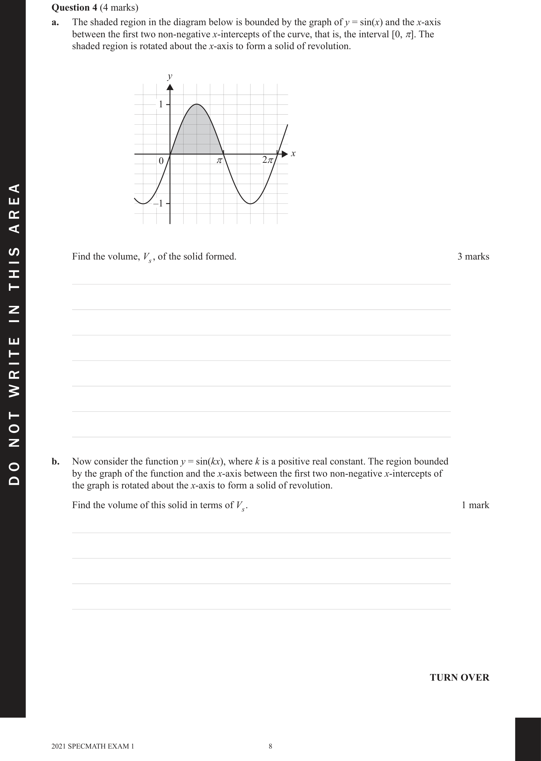 Specialist Mathematics 2021 Exam 1 Question 4(a) — Volumes of solids of revolution, Trigonometric identities in integration