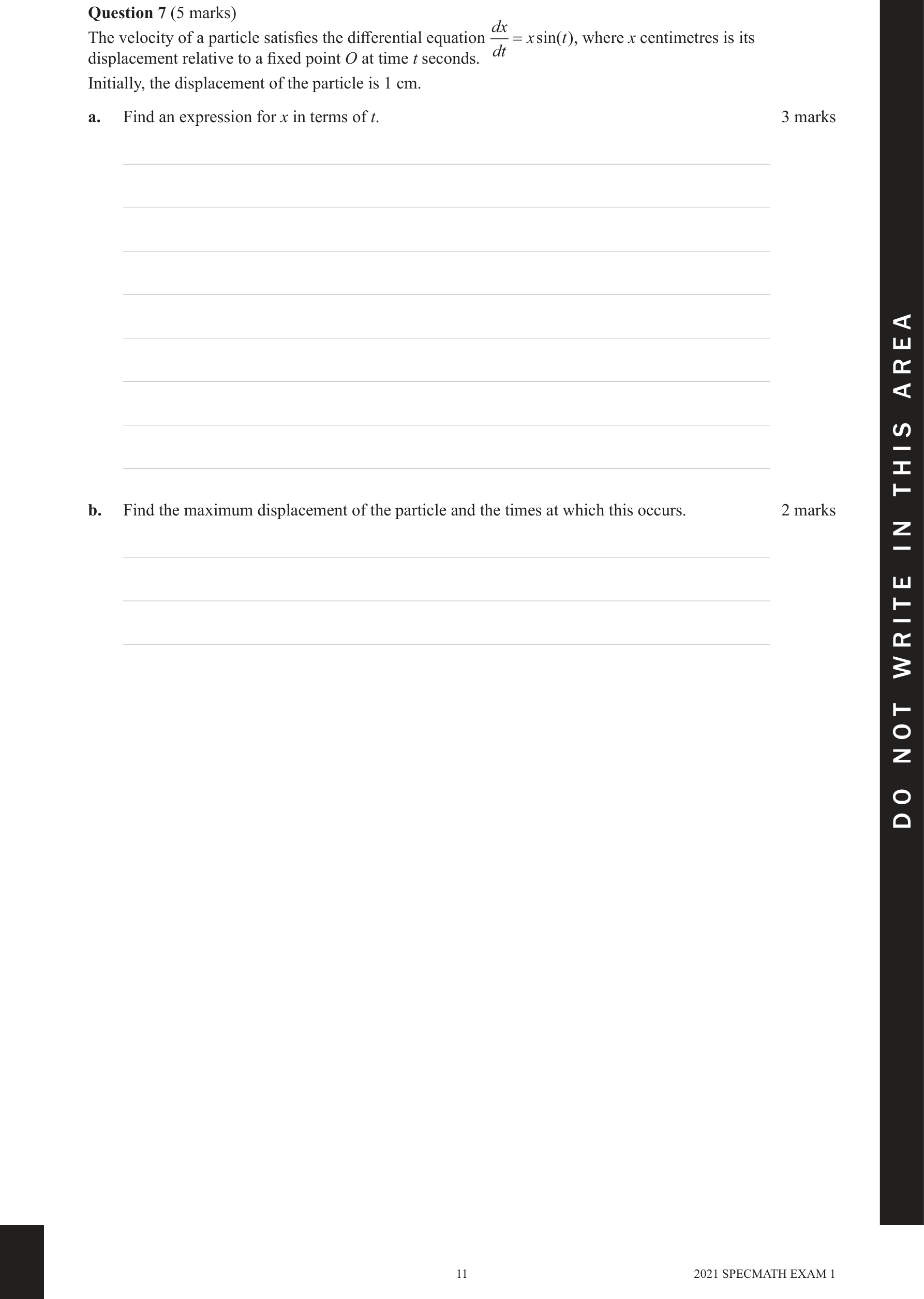 Specialist Mathematics 2021 Exam 1 Question 7(a) — Separation of variables