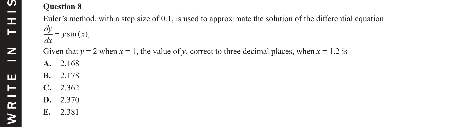 Specialist Mathematics 2021 Exam 2 Question 8 — Euler's method numerical solution
