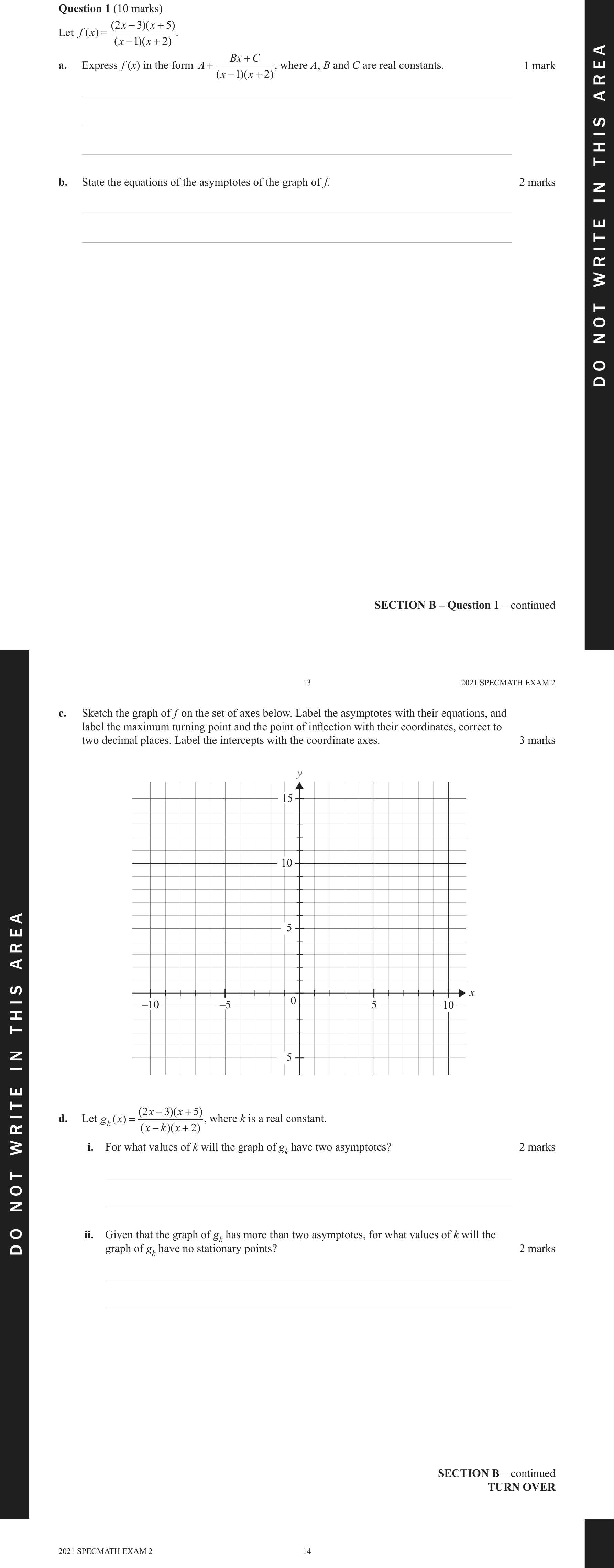 Specialist Mathematics 2021 Exam 2 Question 1(c) — Graphs of rational functions, Points of inflection