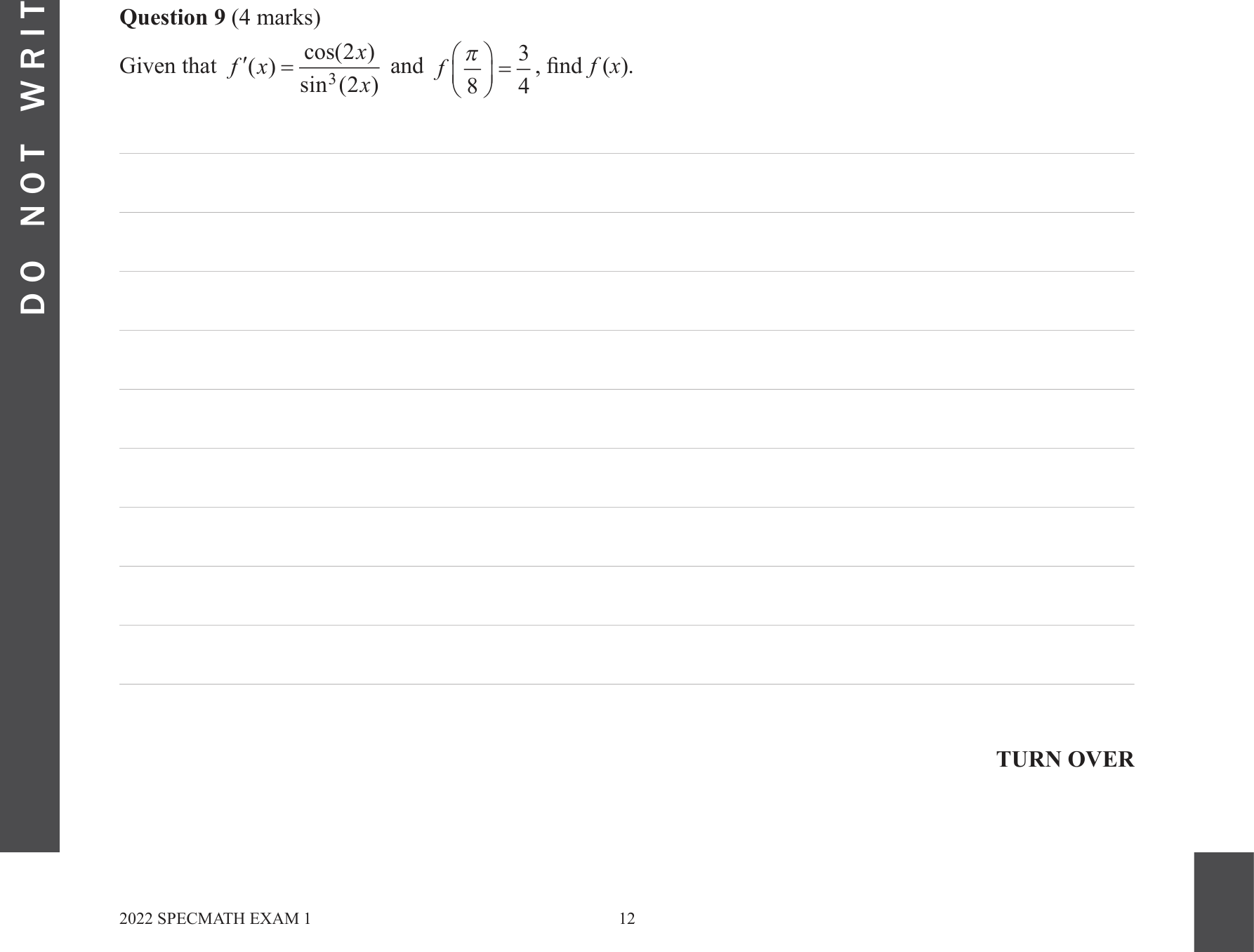 Specialist Mathematics 2022 Exam 1 Question 9 — Trigonometric identities in integration, Integration by substitution