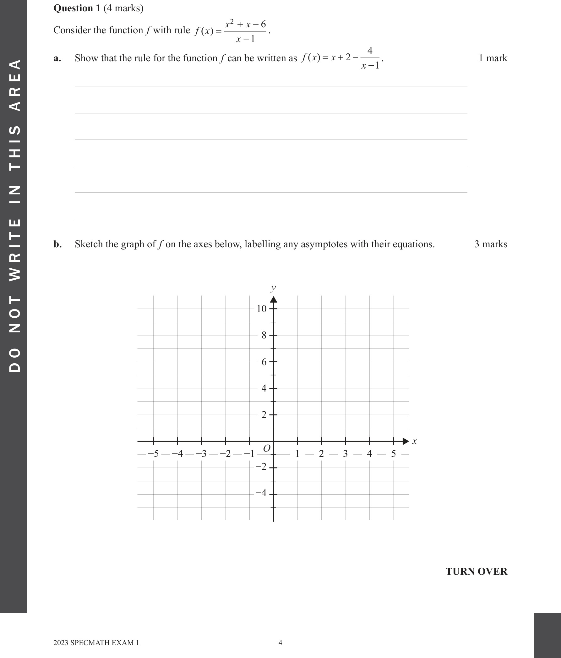 Specialist Mathematics 2023 Exam 1 Question 1(b) — Graphs of rational functions, Asymptotic behaviour analysis