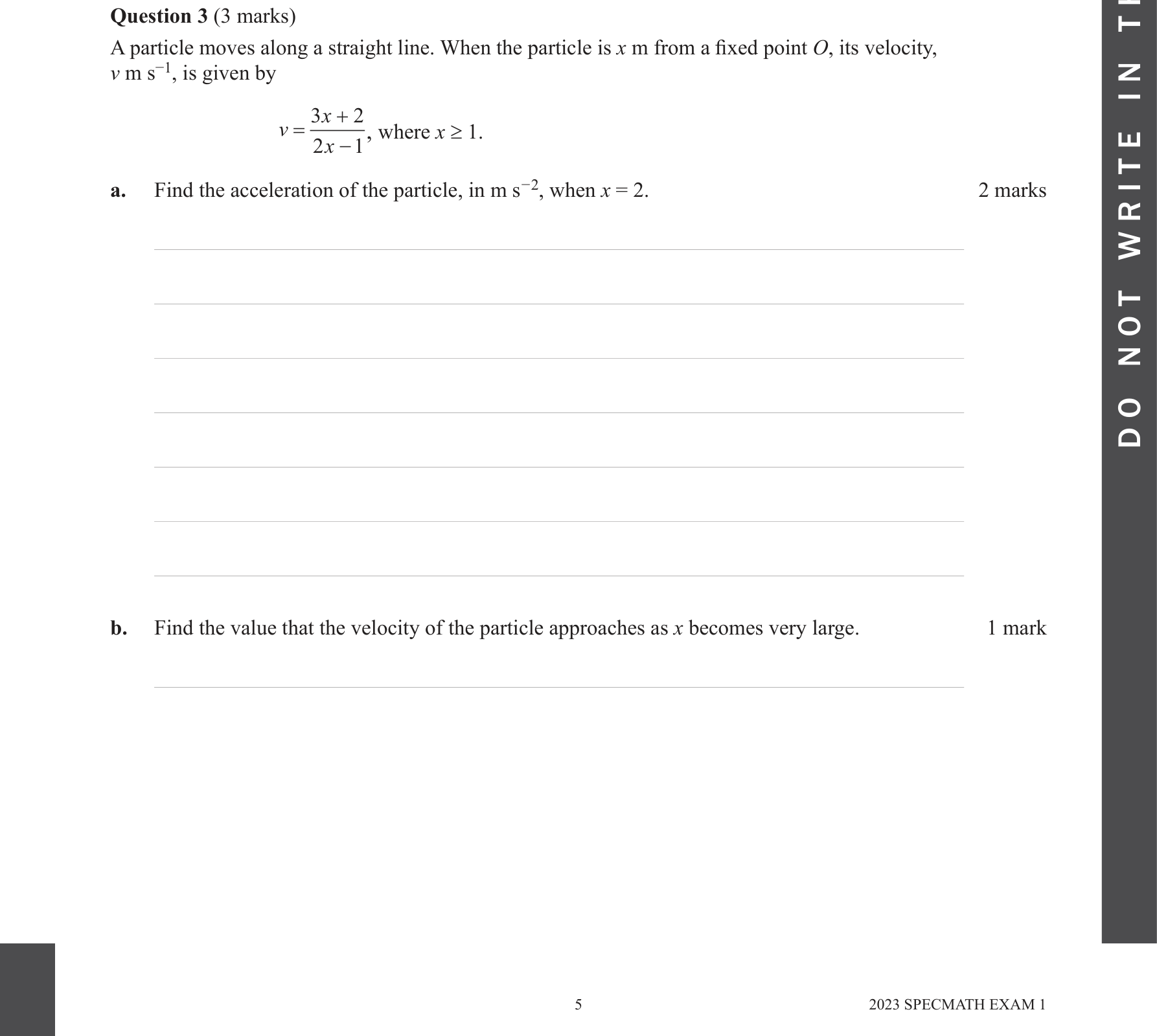 Specialist Mathematics 2023 Exam 1 Question 3(b) — Rectilinear motion using calculus